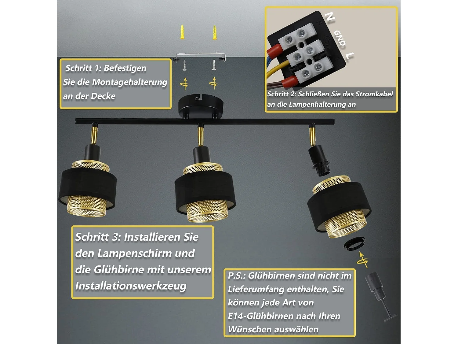 NETTLIFE 3-punktowa lampa sufitowa E14 czarna vintage z płomieniem retro sypialnia w złotym metalu regulowana industrialna do kuchni przedpokój jadalnia