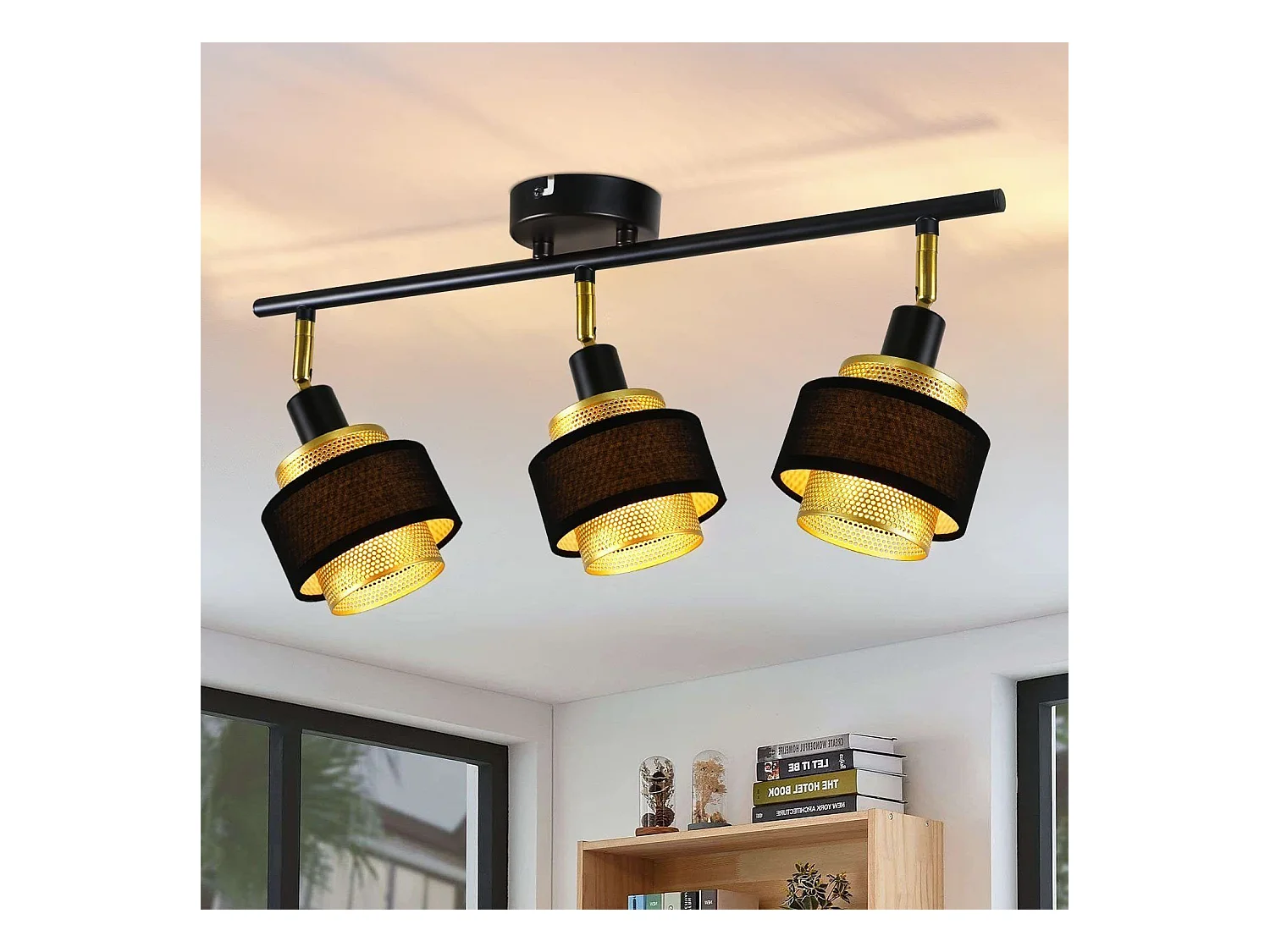 NETTLIFE 3 spots plafonnier E14 noir vintage avec flamme rétro chambre en métal doré orientables industriel pour cuisine couloir salle à manger