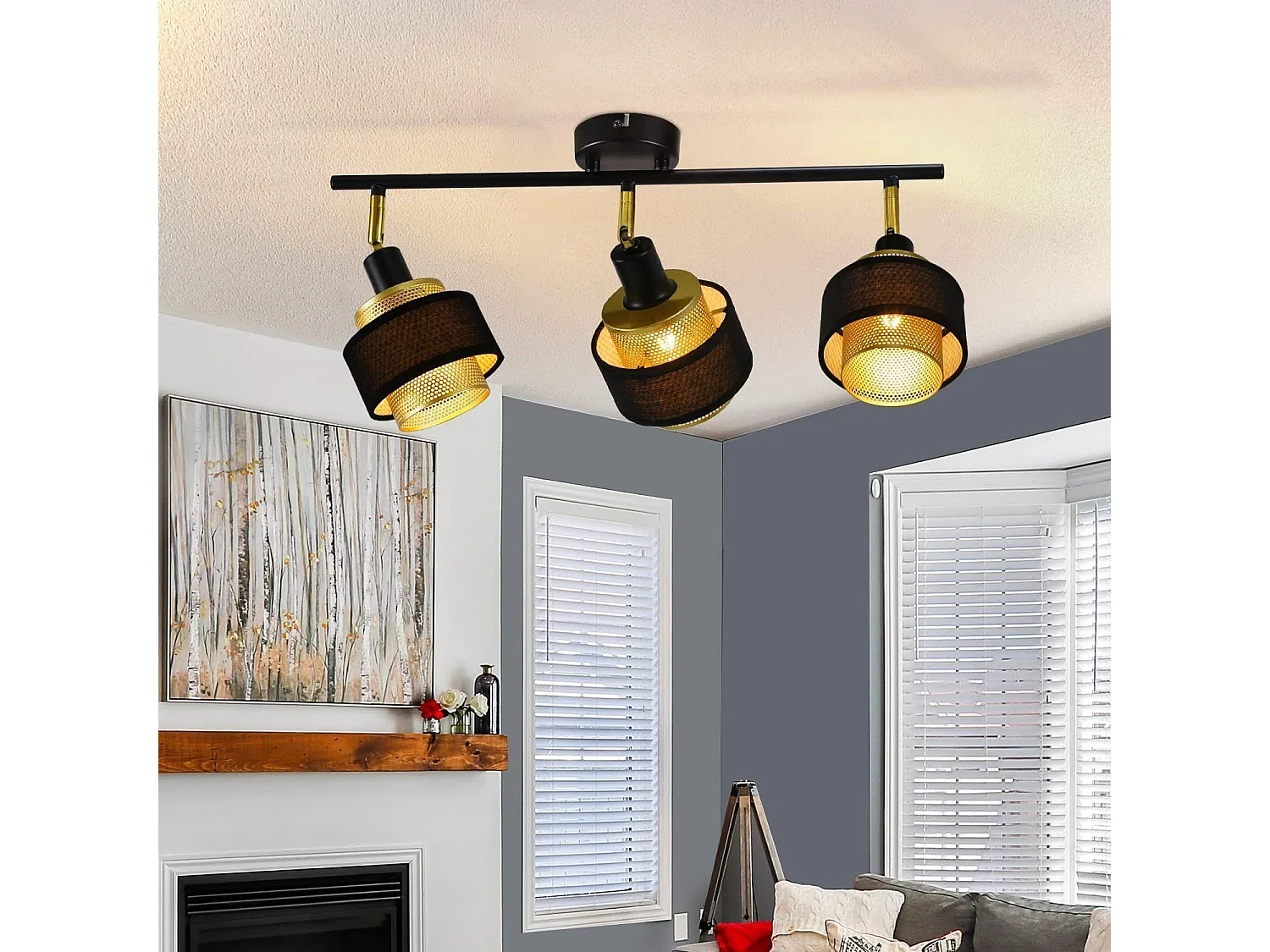 NETTLIFE 3 spots plafonnier E14 noir vintage avec flamme rétro chambre en métal doré orientables industriel pour cuisine couloir salle à manger