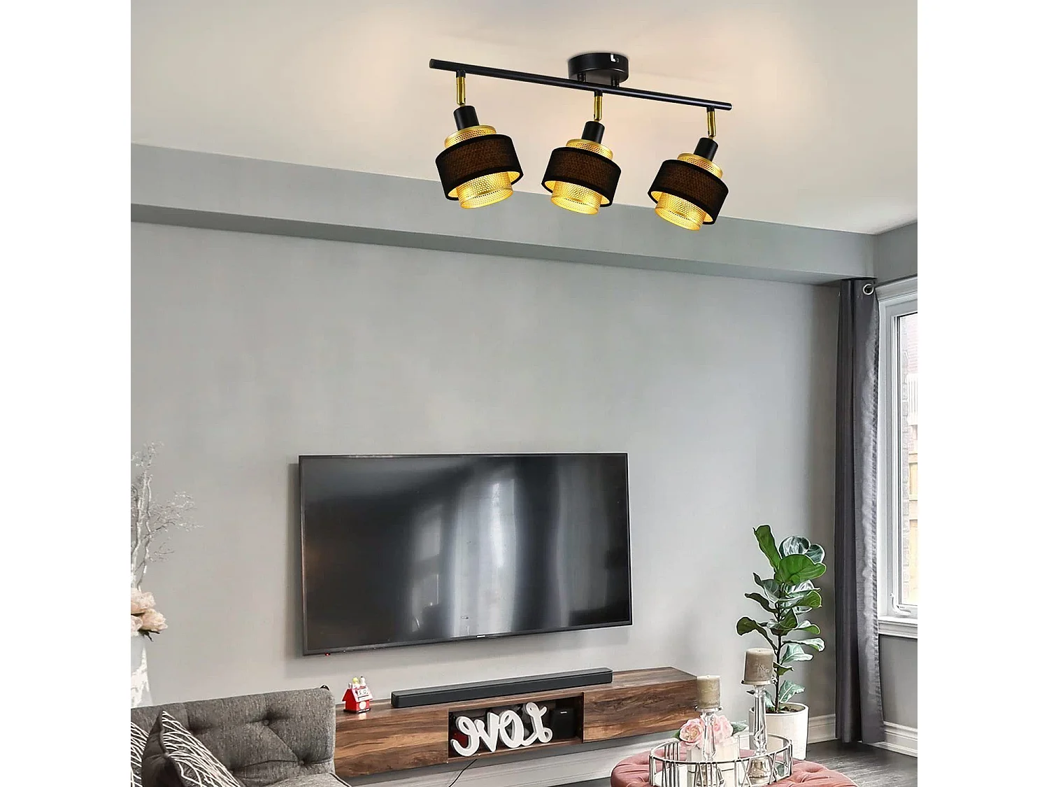 NETTLIFE 3 spots plafonnier E14 noir vintage avec flamme rétro chambre en métal doré orientables industriel pour cuisine couloir salle à manger