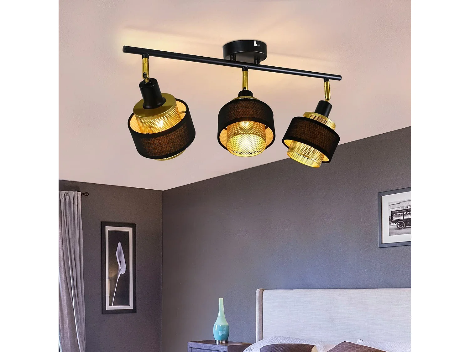 NETTLIFE 3 spots plafonnier E14 noir vintage avec flamme rétro chambre en métal doré orientables industriel pour cuisine couloir salle à manger