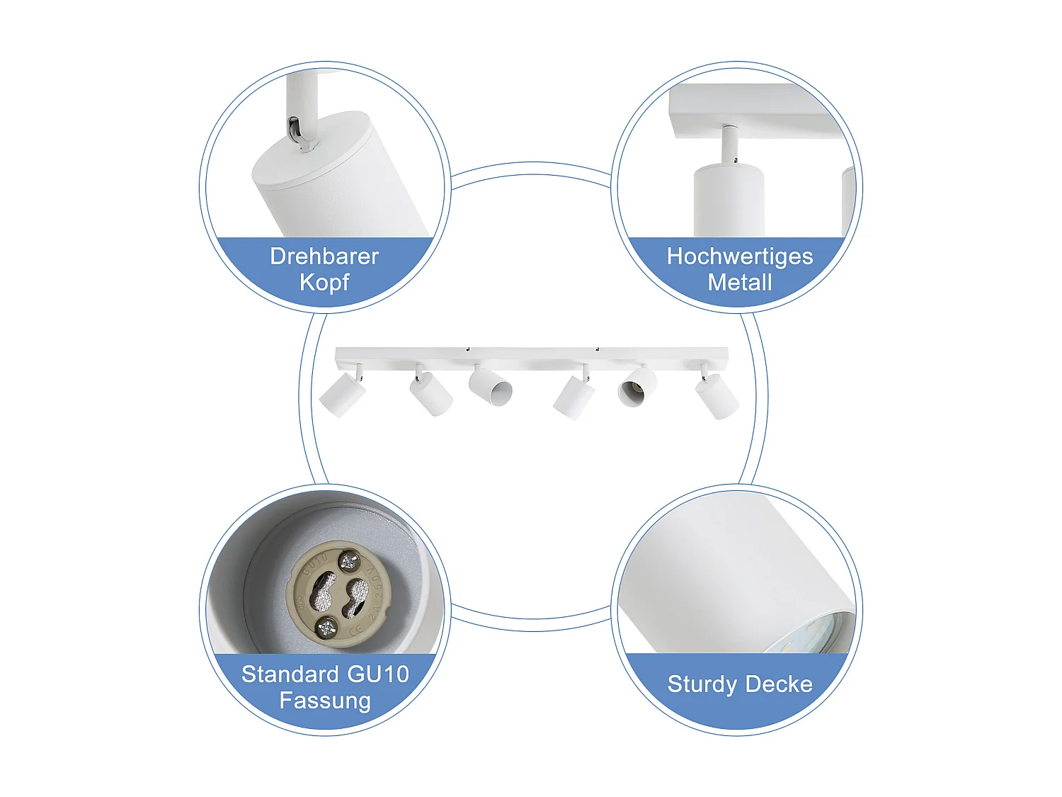 NETTLIFE Opbouwspot - plafondspot met 6 lichtpunten - spots - WIt Plafondlamp - L 76.5 cm - draaibar - kantelbaar - GU10 fitting - plafoniere - excl. GU10