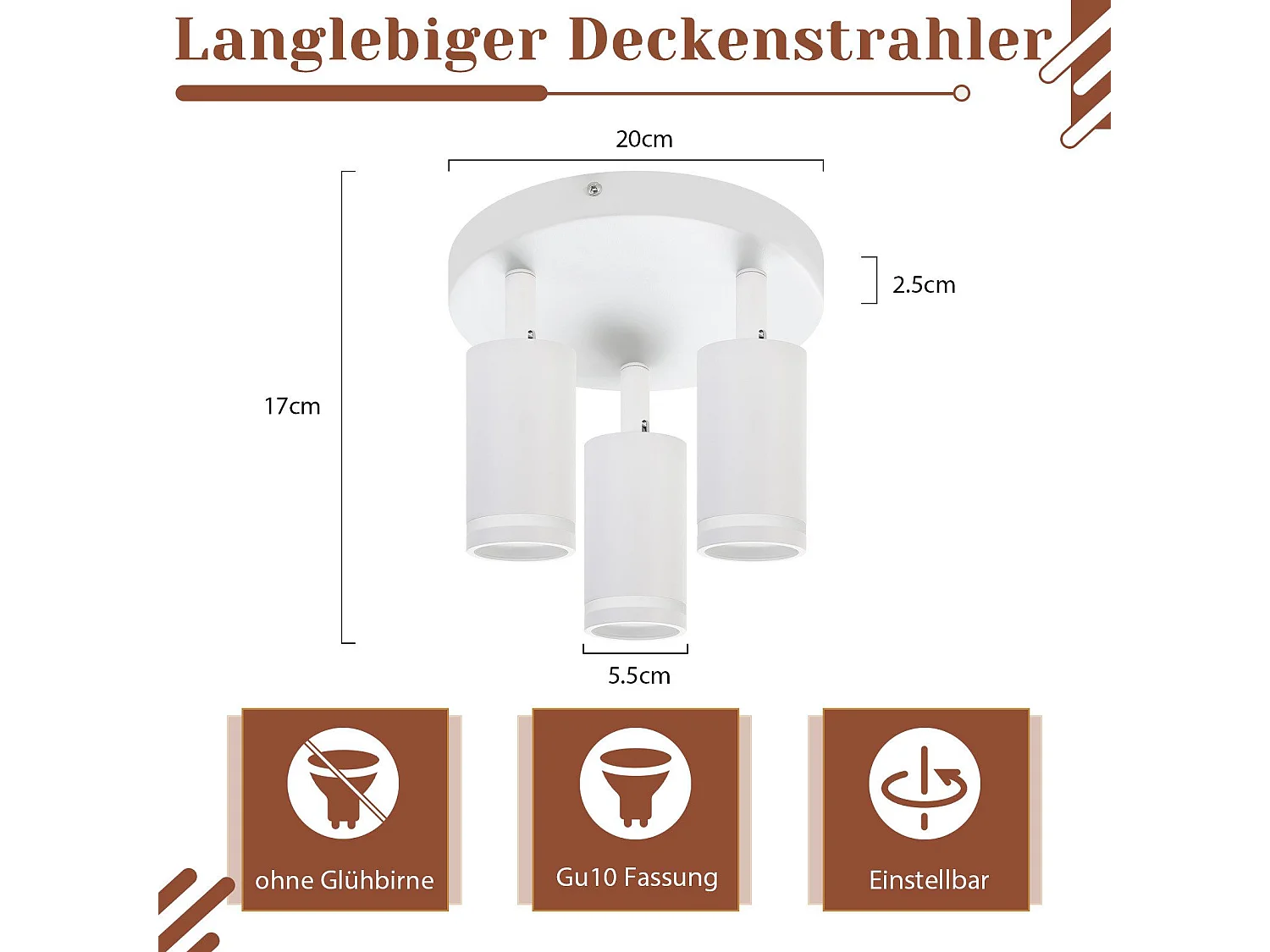 NETTLIFE 3-płomienna lampa sufitowa LED - biała lampa sufitowa GU10 Obrotowy reflektor Drewniany kinkiet Reflektor ścienny do salonu sypialni Bez żarówki