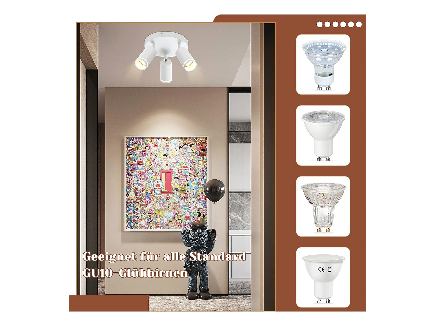 NETTLIFE Plafonnier LED 3 flamme - Blanc Plafonnier GU10 Spot pivotant Applique murale en bois Spot mural pour salon chambre  Sans ampoule