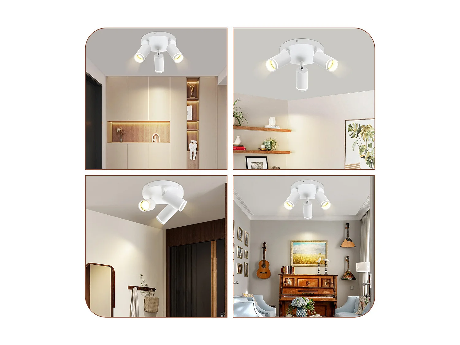 NETTLIFE Plafonnier LED 3 flamme - Blanc Plafonnier GU10 Spot pivotant Applique murale en bois Spot mural pour salon chambre  Sans ampoule