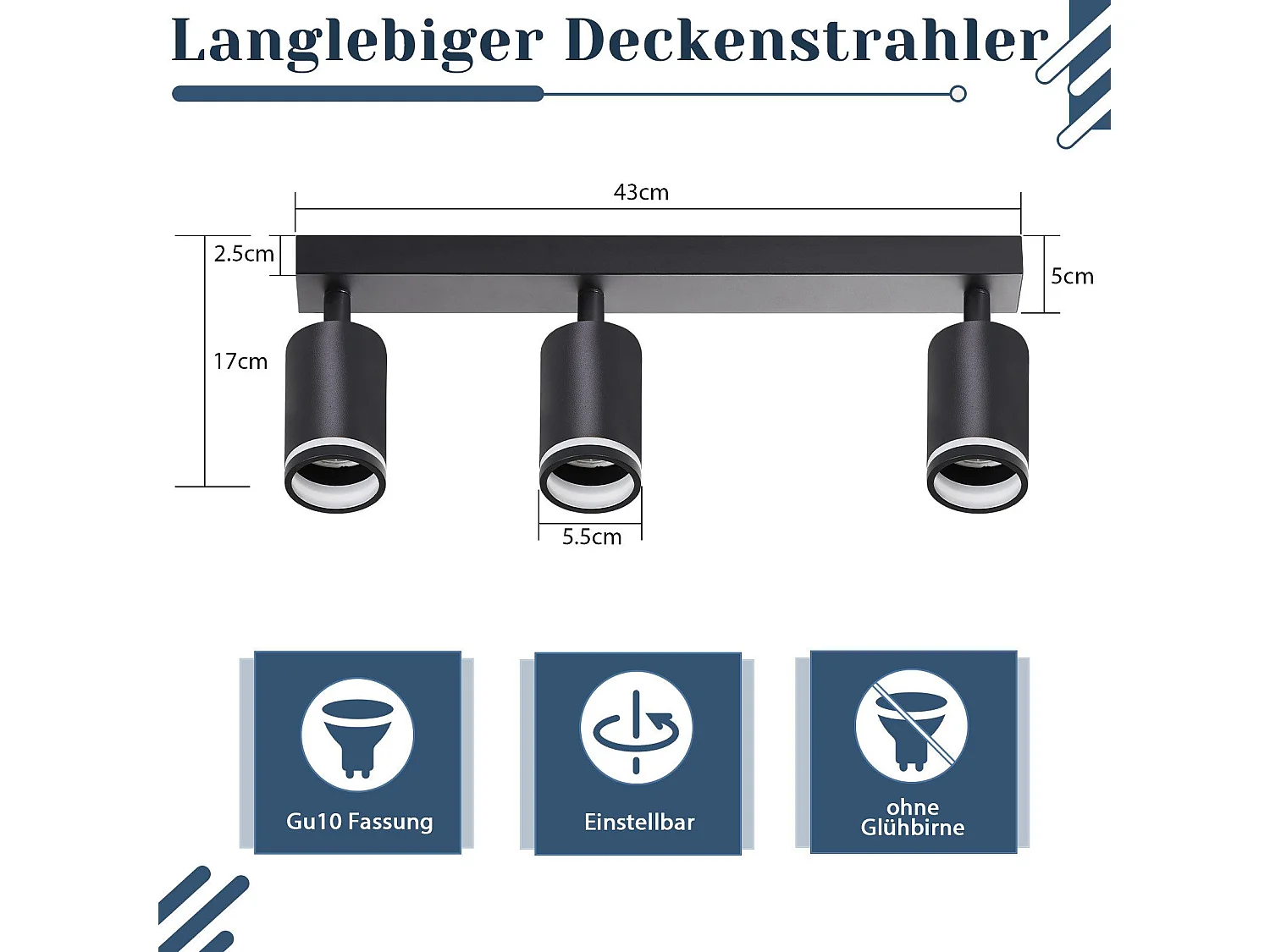 NETTLIFE Opbouwspot GU10 zwart L 43cm rechthoekig Moderne Plafondlamp 355° draaibaar Plafondspot 3-Lichts cilinder Lampkap voor Slaafkamer Kantoor Woonkamer Max.25W