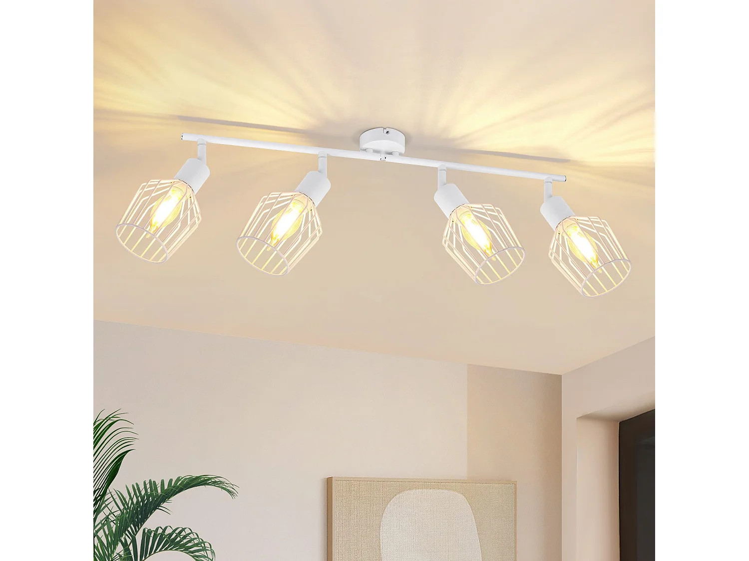 NETTLIFE Opbouwspot 4-lichts E14 Fitting wit kooiontwerp Lampkap  350° draaibar Plafondspot L 75cm Vintage Keukenlamp voor Slaapkamer Hal Woonkamer Zonder Lichtborn