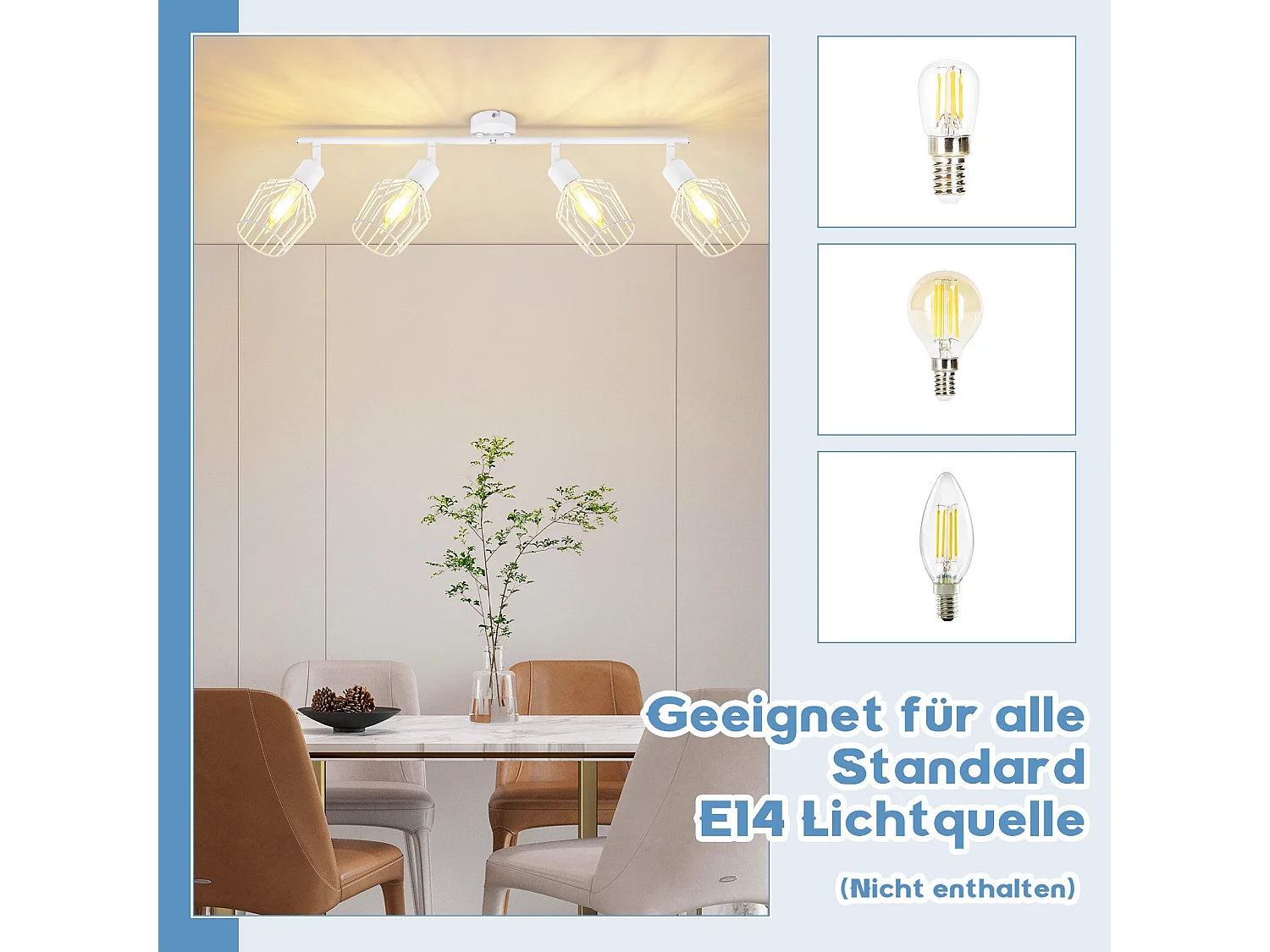 NETTLIFE Opbouwspot 4-lichts E14 Fitting wit kooiontwerp Lampkap  350° draaibar Plafondspot L 75cm Vintage Keukenlamp voor Slaapkamer Hal Woonkamer Zonder Lichtborn