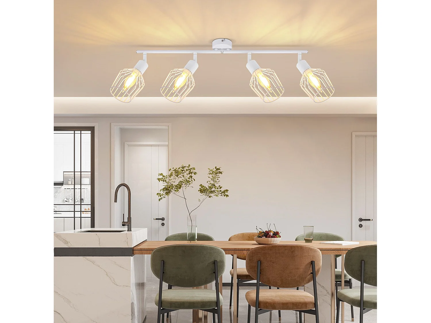 NETTLIFE Opbouwspot 4-lichts E14 Fitting wit kooiontwerp Lampkap  350° draaibar Plafondspot L 75cm Vintage Keukenlamp voor Slaapkamer Hal Woonkamer Zonder Lichtborn