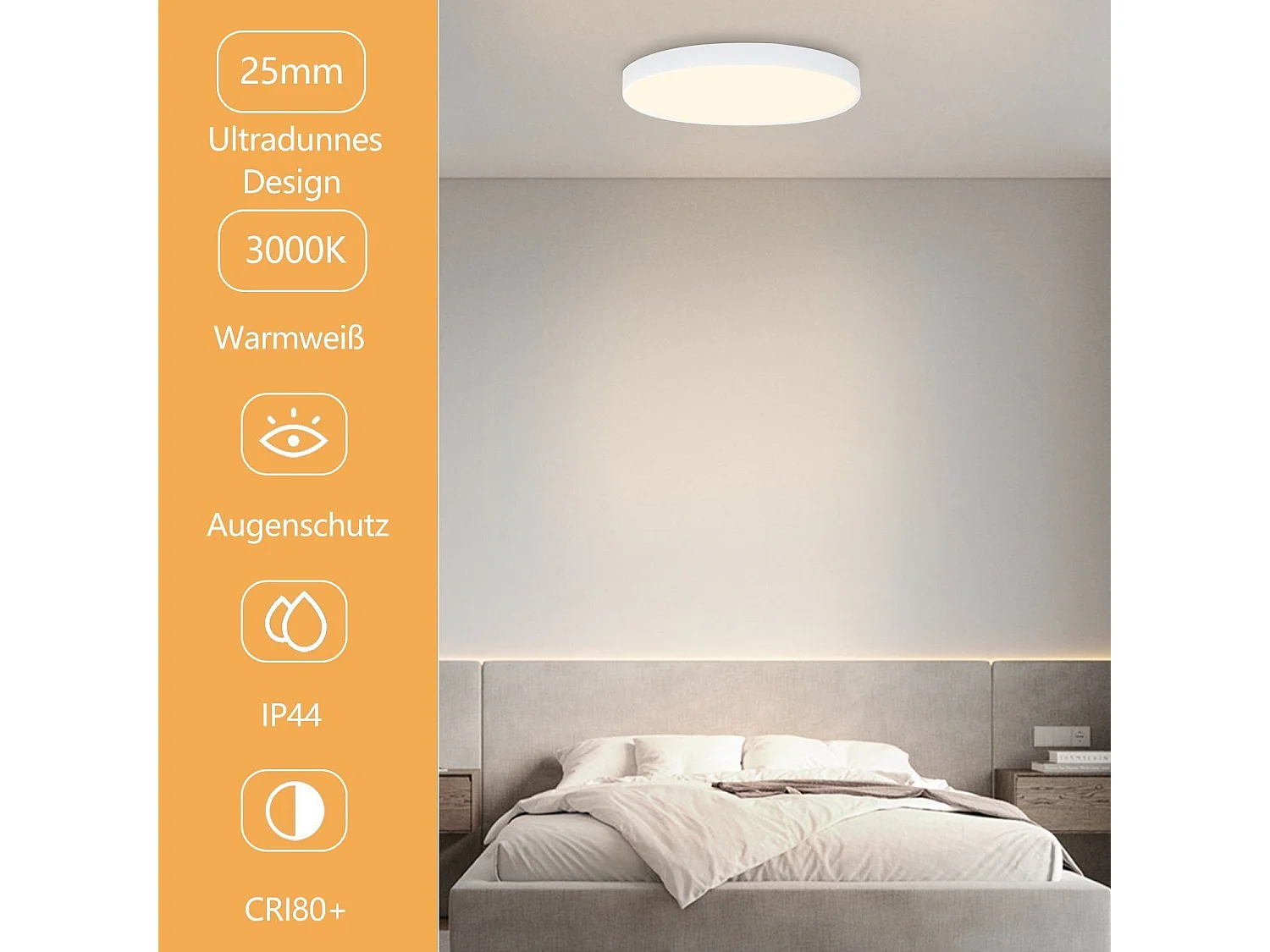 NETTLIFE LED - plafondlamp, 3000K, 28 cm rond, 17W, IP44, plat, voor slaapkamer, badkamer, gang.