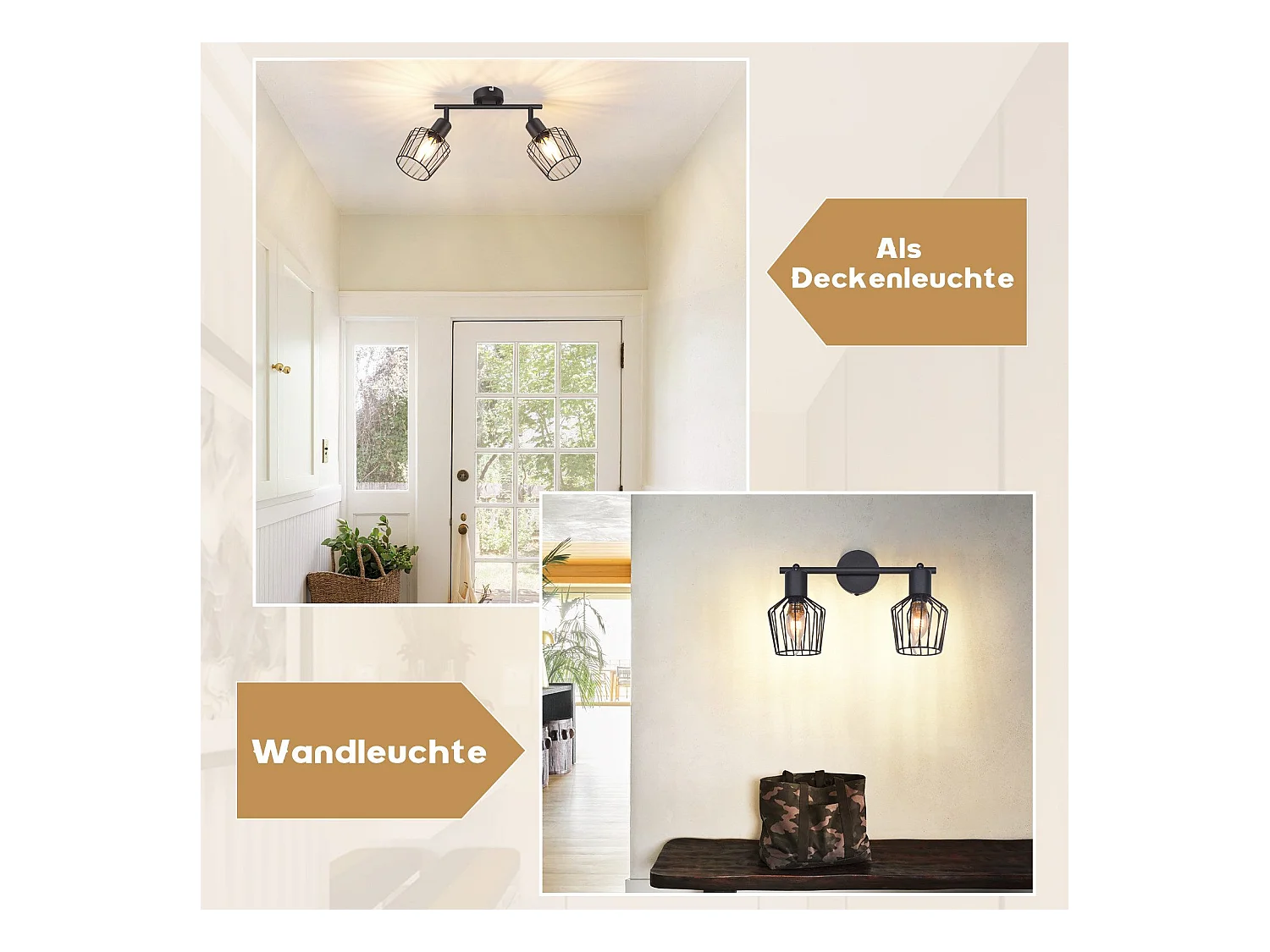 NETTLIFE 2 Spots de Plafond E14 -  métal, lampe de couloir industrielle pivotante à 350°, applique murale pour couloir et salon，noir