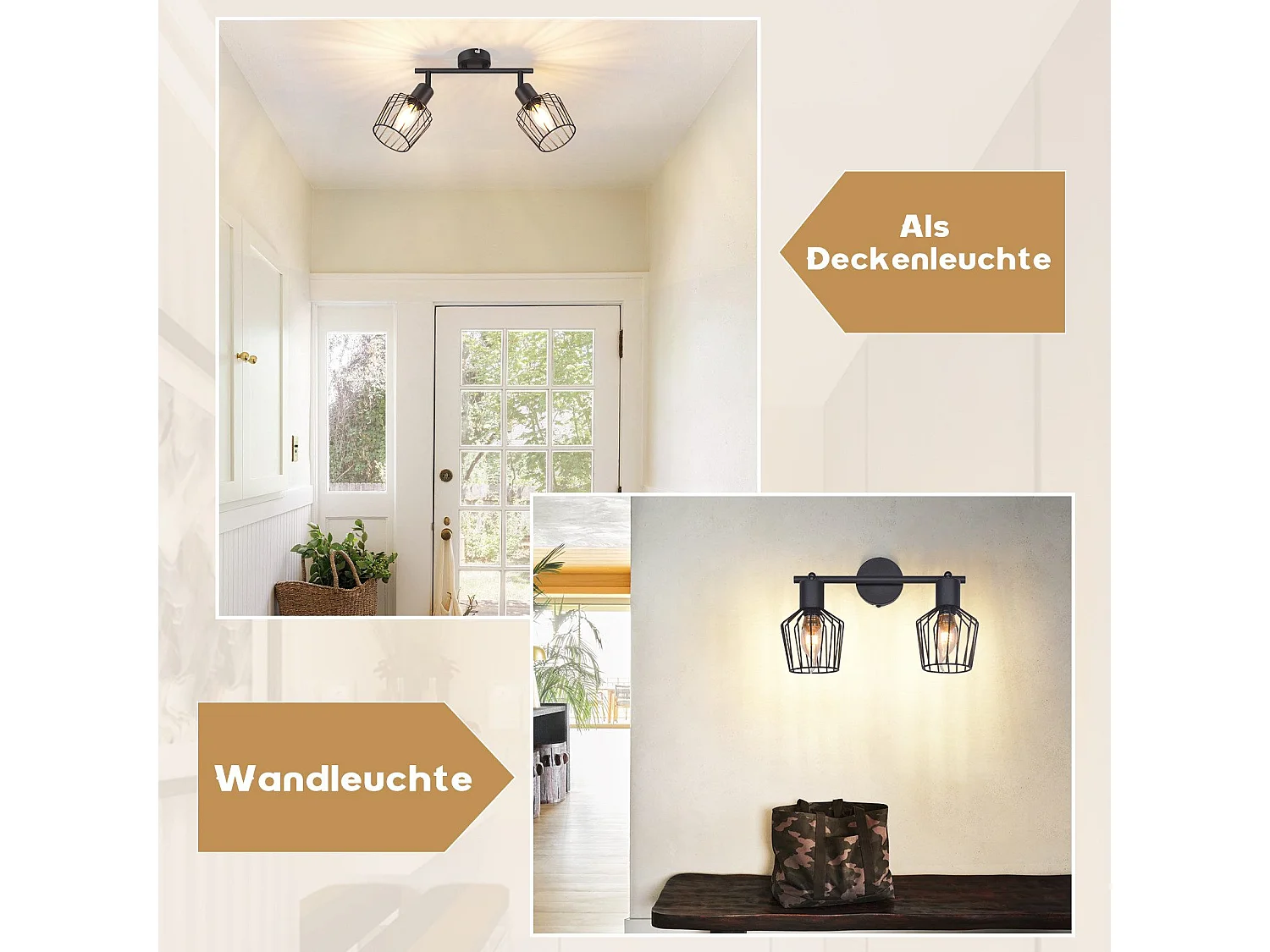 NETTLIFE 2 Spots de Plafond E14 -  métal, lampe de couloir industrielle pivotante à 350°, applique murale pour couloir et salon，noir