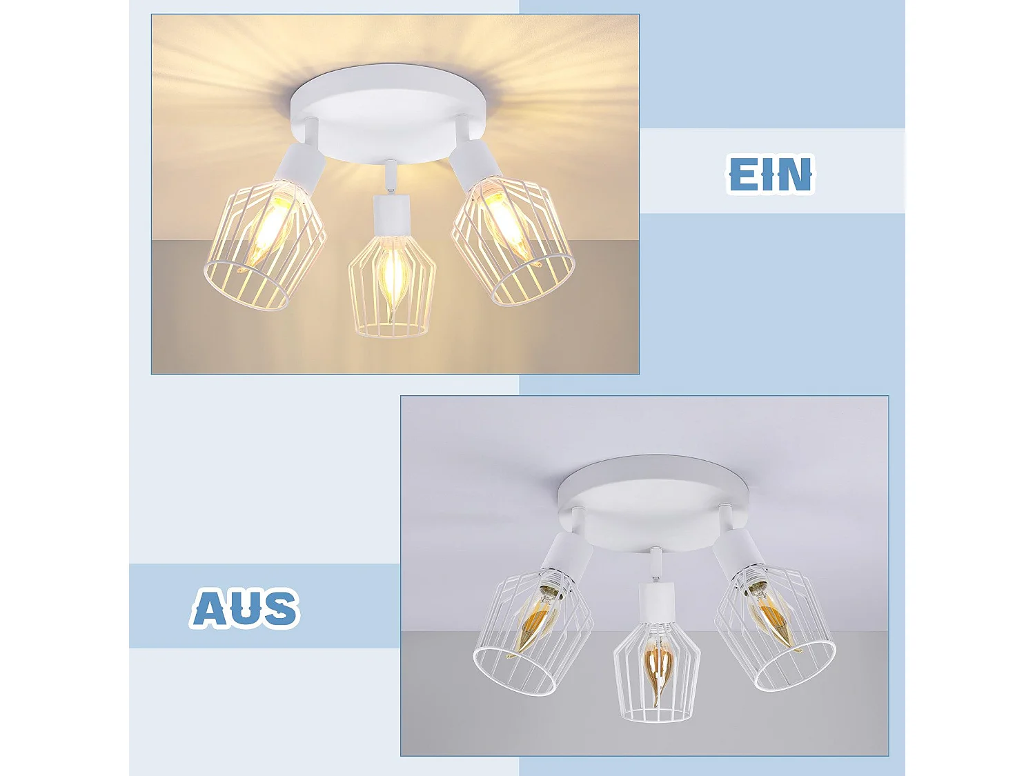 NETTLIFE Opbouwspot 3-lichts E14 Fitting rond wit kooiontwerp Lampkap  350° draaibar Plafondspot L 20cm Vintage Keukenlamp