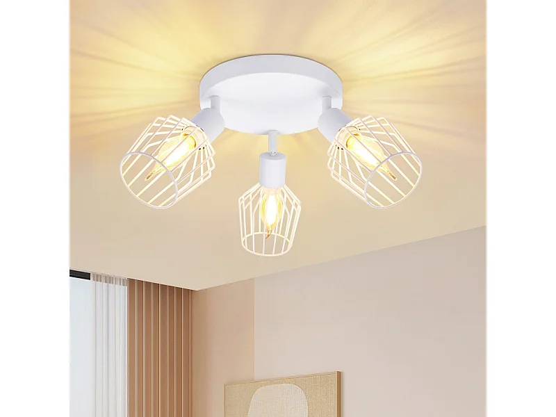 NETTLIFE Foco de Techo，3 luces E14 - Redonda de Metal,Lámpara de Pasillo Industrial Giratoria 350°, para Pasillo y Sala de Estar, Blanco