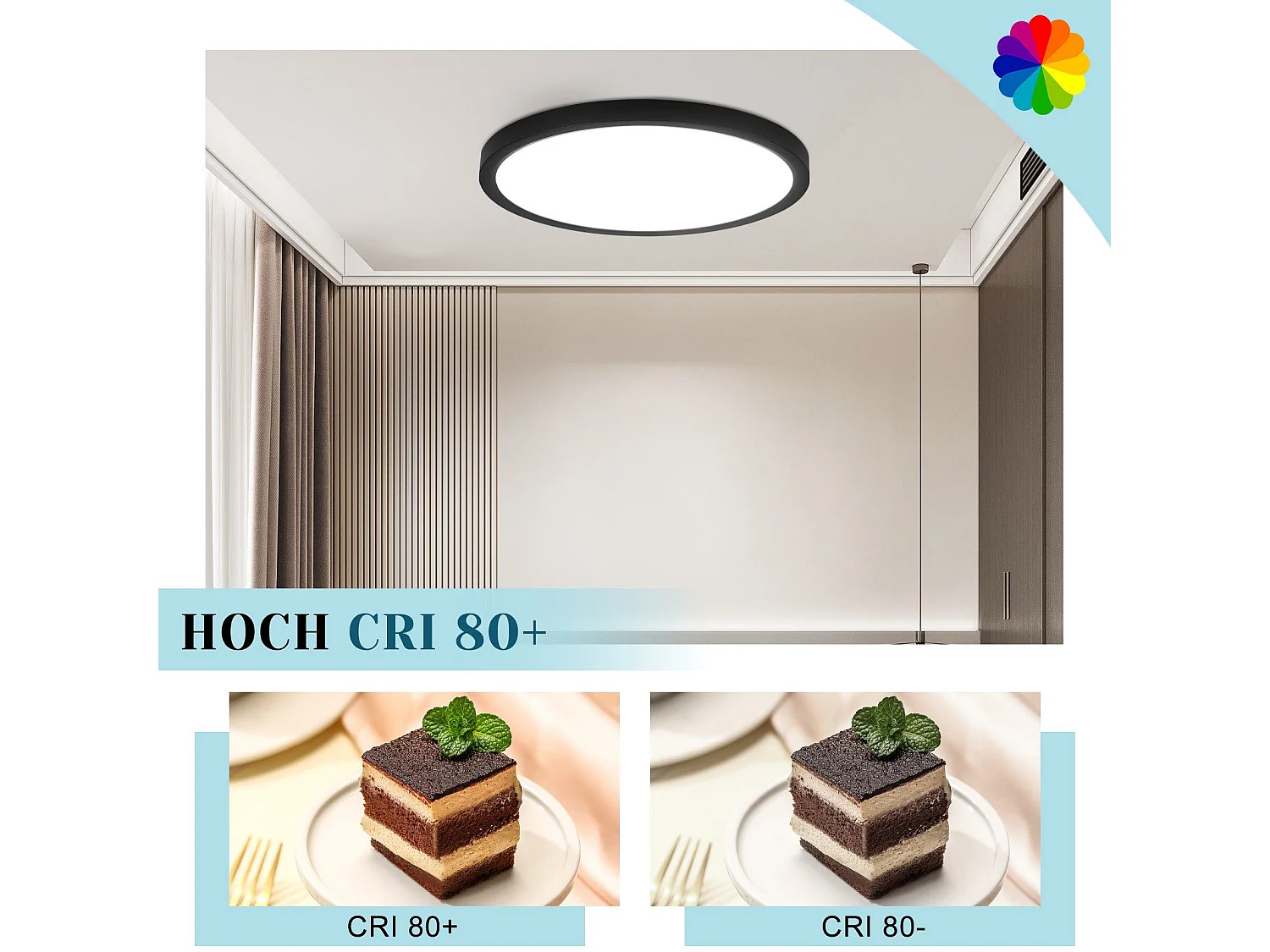 NETTLIFE Plafonnier LED plat 30 cm - 24 W, Noir, 6000 K - Éclairage moderne cuisine, couloir, chambre