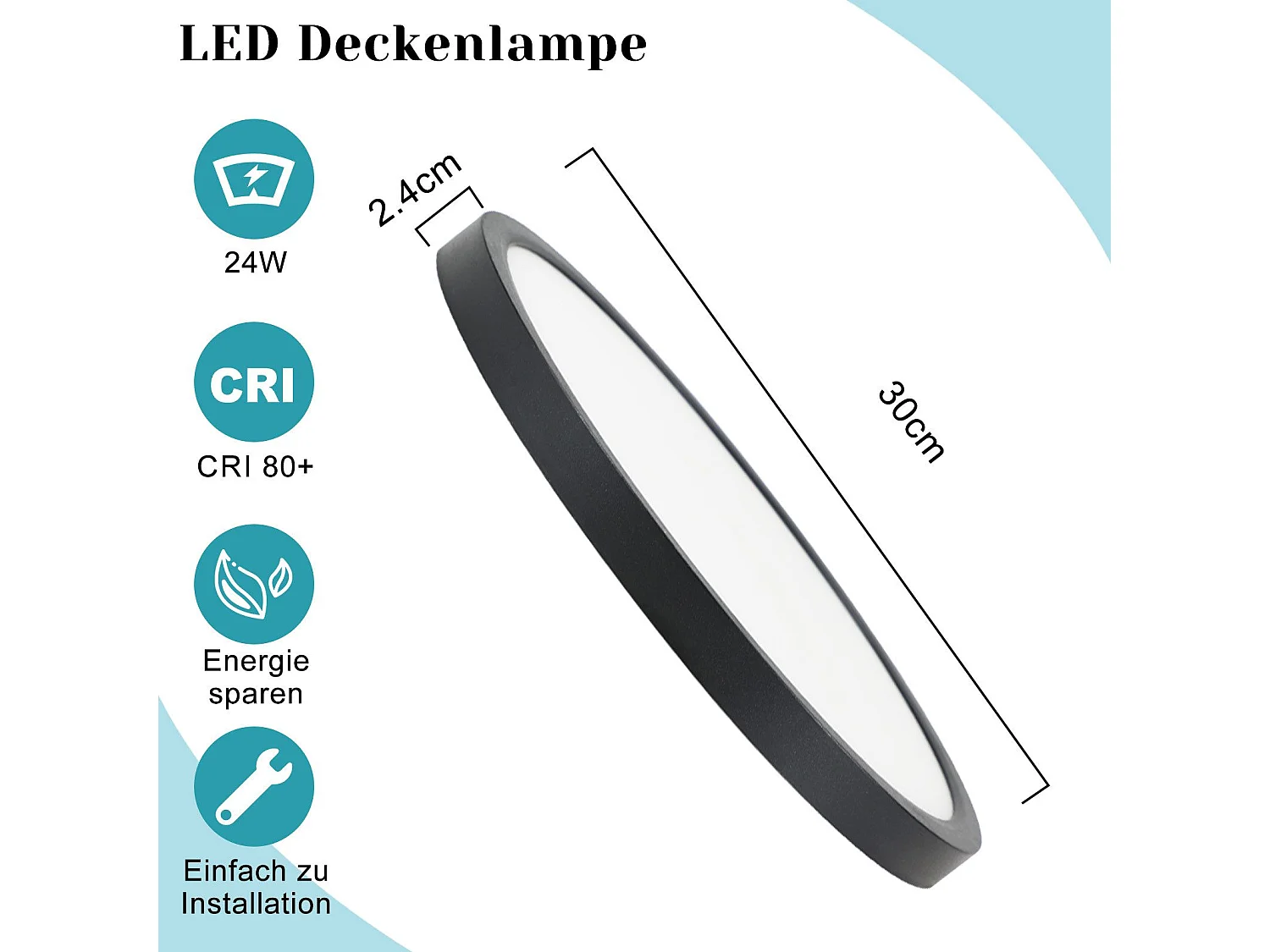 NETTLIFE Plafonnier LED plat 30 cm - 24 W, Noir, 6000 K - Éclairage moderne cuisine, couloir, chambre