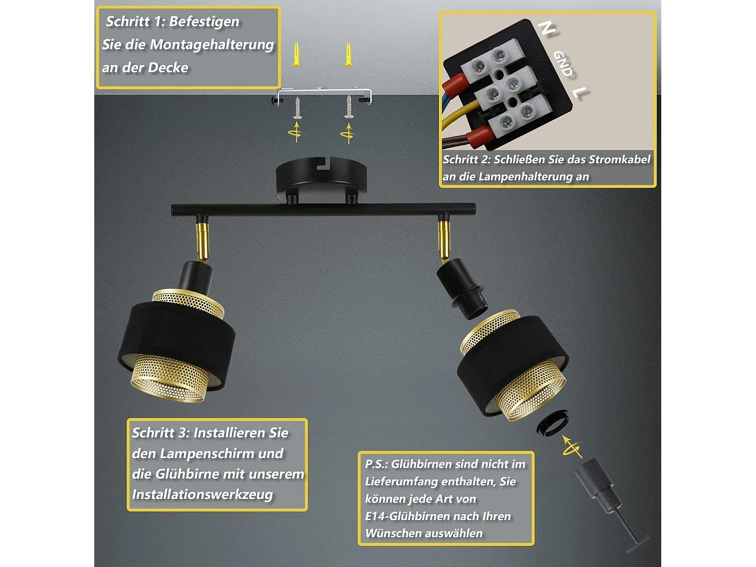 NETTLIFE 2 Reflektory sufitowe E14 Czarny Vintage Retro Złoty Metal Przemysłowy Regulowany do salonu Sypialnia Kuchnia Korytarz