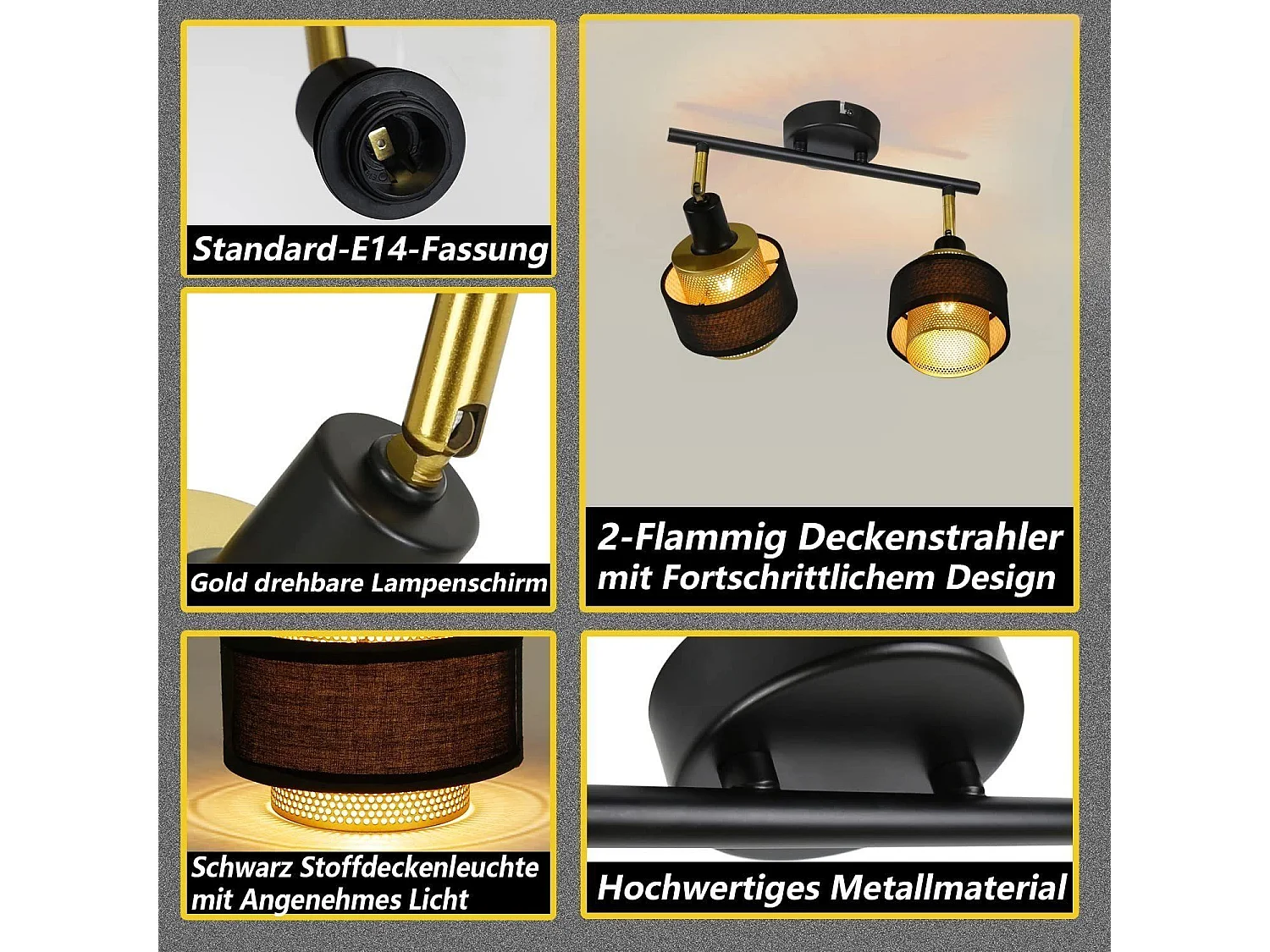 NETTLIFE 2 Reflektory sufitowe E14 Czarny Vintage Retro Złoty Metal Przemysłowy Regulowany do salonu Sypialnia Kuchnia Korytarz