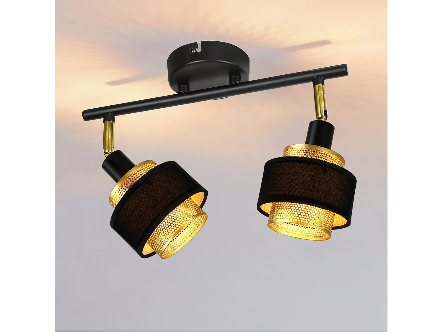 NETTLIFE 2 Spots de Plafond E14 Noir Vintage Rétro en Métal Doré Orientables Industriels pour Salon Chambre Cuisine Couloir