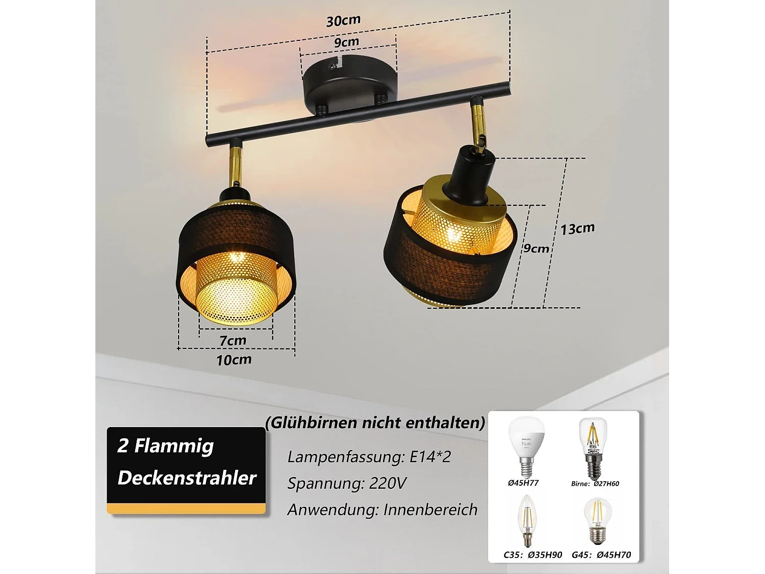 NETTLIFE 2 Spots de Plafond E14 Noir Vintage Rétro en Métal Doré Orientables Industriels pour Salon Chambre Cuisine Couloir