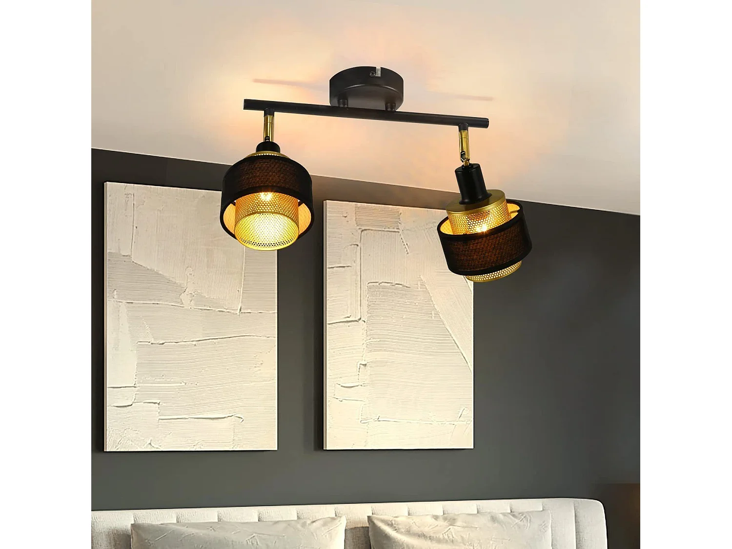 NETTLIFE 2 Spots de Plafond E14 Noir Vintage Rétro en Métal Doré Orientables Industriels pour Salon Chambre Cuisine Couloir