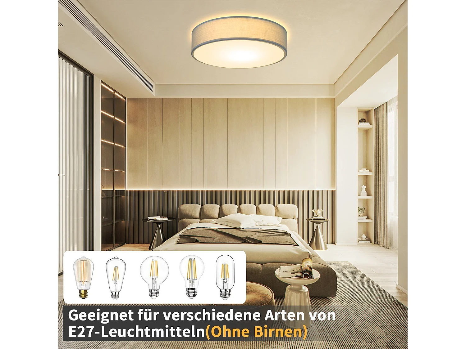 NETTLIFE Plafonnier Rond 1 Ampoule E27 30CM Chambre Moderne Lampe de Grise avec Abat Jour en Tissu Lampe de Couloir pour Salon Cuisine