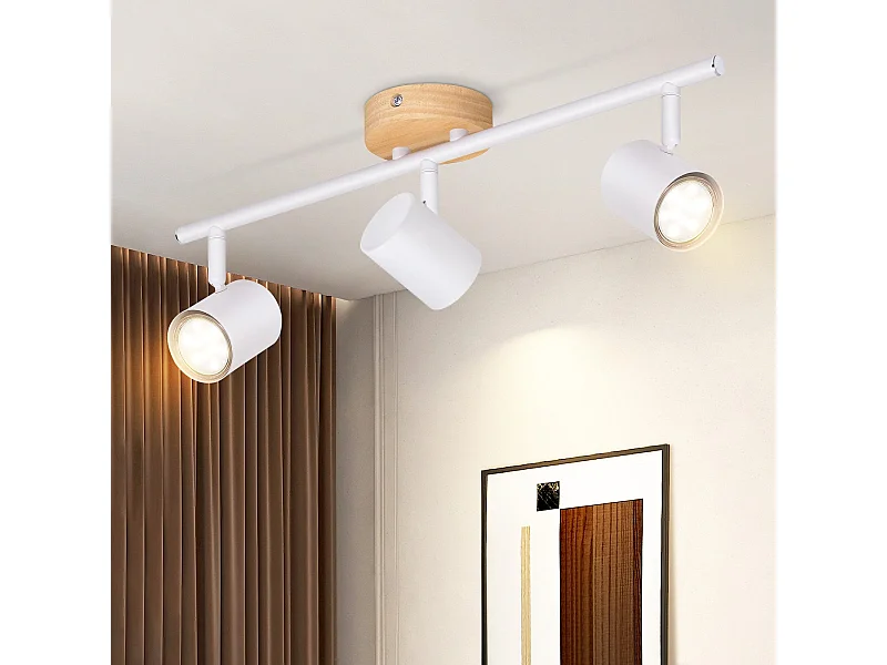 NETTLIFE LED - Deckenleuchte mit 3 Flammen - Weiß, GU10 - drehbarer Spot - Deckenleuchte, Holz - Wandleuchte für Wohnzimmer und Schlafzimmer, ohne Glühbirne.