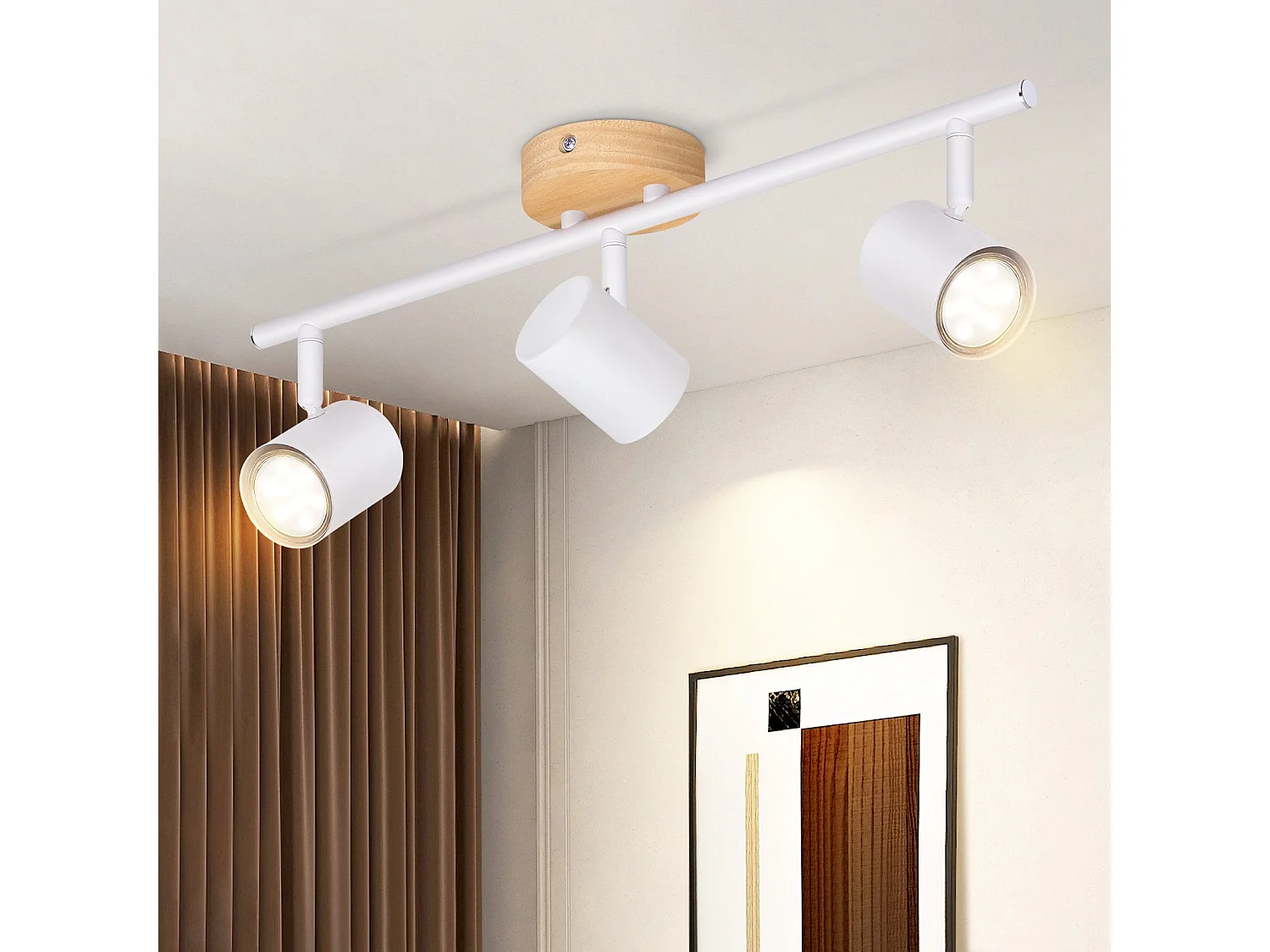 NETTLIFE LED - Deckenleuchte mit 3 Flammen - Weiß, GU10 - drehbarer Spot - Deckenleuchte, Holz - Wandleuchte für Wohnzimmer und Schlafzimmer, ohne Glühbirne.