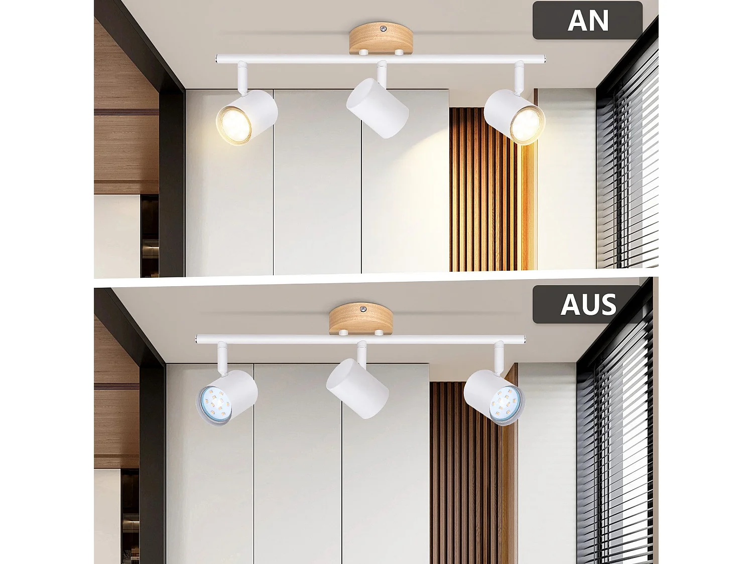 NETTLIFE LED - Deckenleuchte mit 3 Flammen - Weiß, GU10 - drehbarer Spot - Deckenleuchte, Holz - Wandleuchte für Wohnzimmer und Schlafzimmer, ohne Glühbirne.