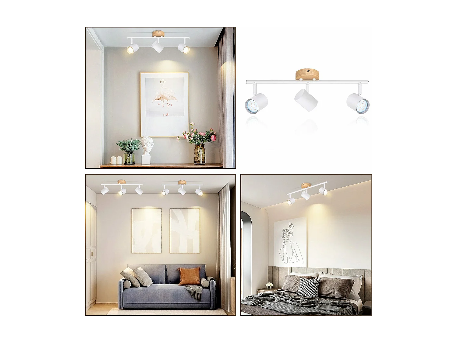 NETTLIFE LED - Deckenleuchte mit 3 Flammen - Weiß, GU10 - drehbarer Spot - Deckenleuchte, Holz - Wandleuchte für Wohnzimmer und Schlafzimmer, ohne Glühbirne.