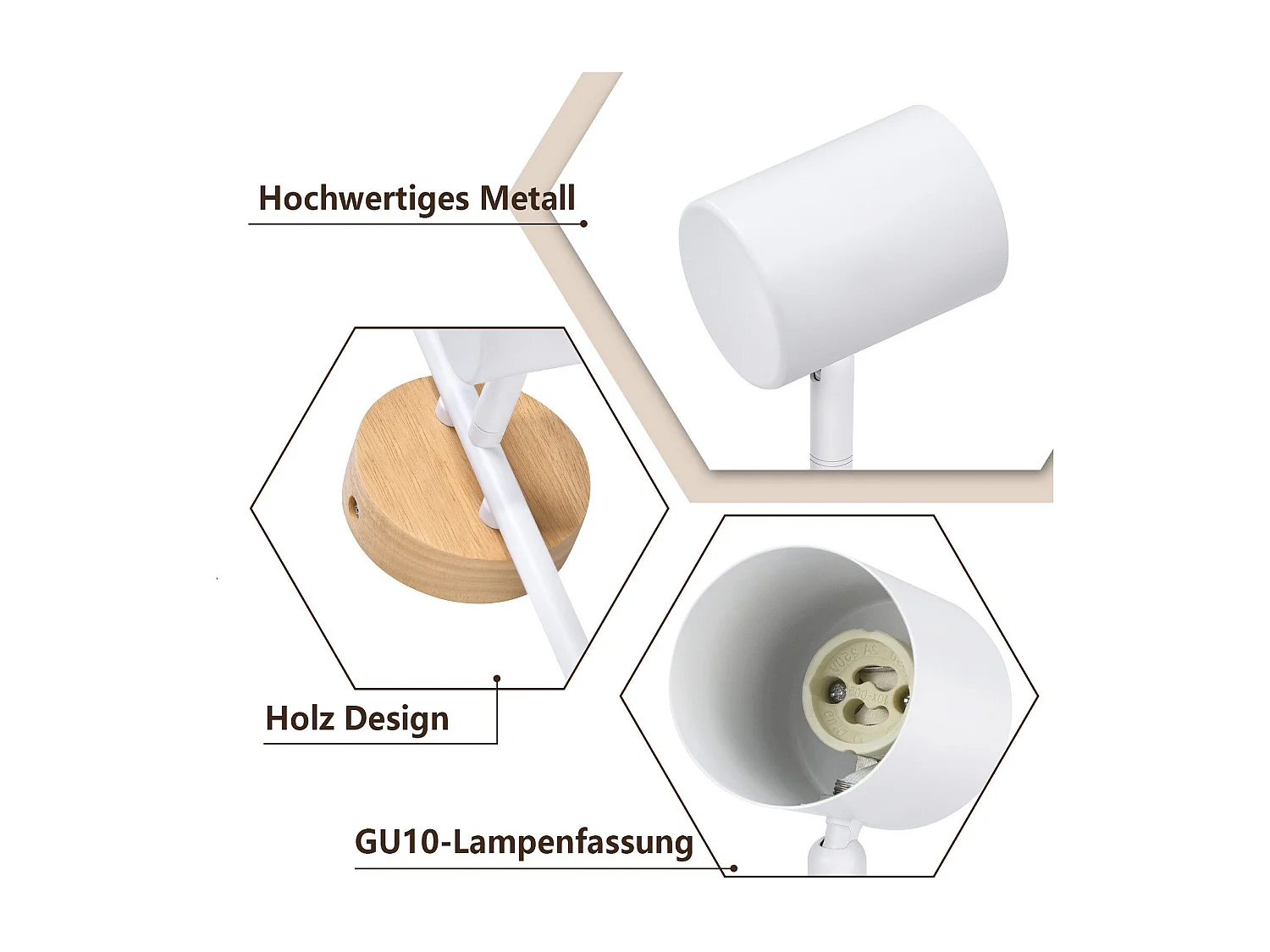 NETTLIFE Plafonnier LED 3 flamme - Blanc Plafonnier GU10 Spot pivotant Applique murale en bois Spot mural pour salon chambre  Sans ampoule