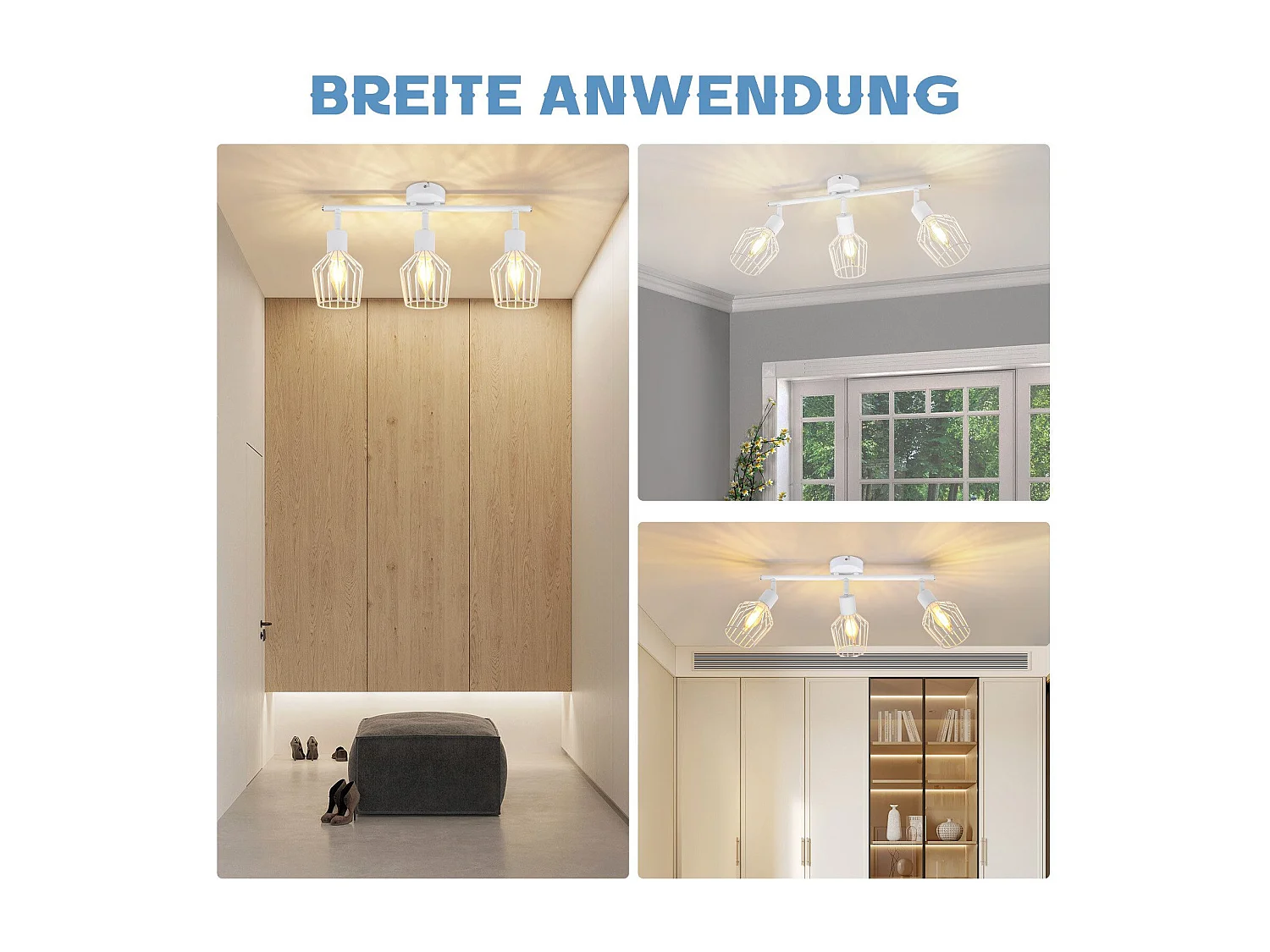 NETTLIFE Opbouwspot 3-lichts E14 Fitting wit kooiontwerp Lampkap  350° draaibar Plafondspot L 46cm Vintage Keukenlamp voor Slaapkamer Hal Woonkamer Zonder Lichtborn
