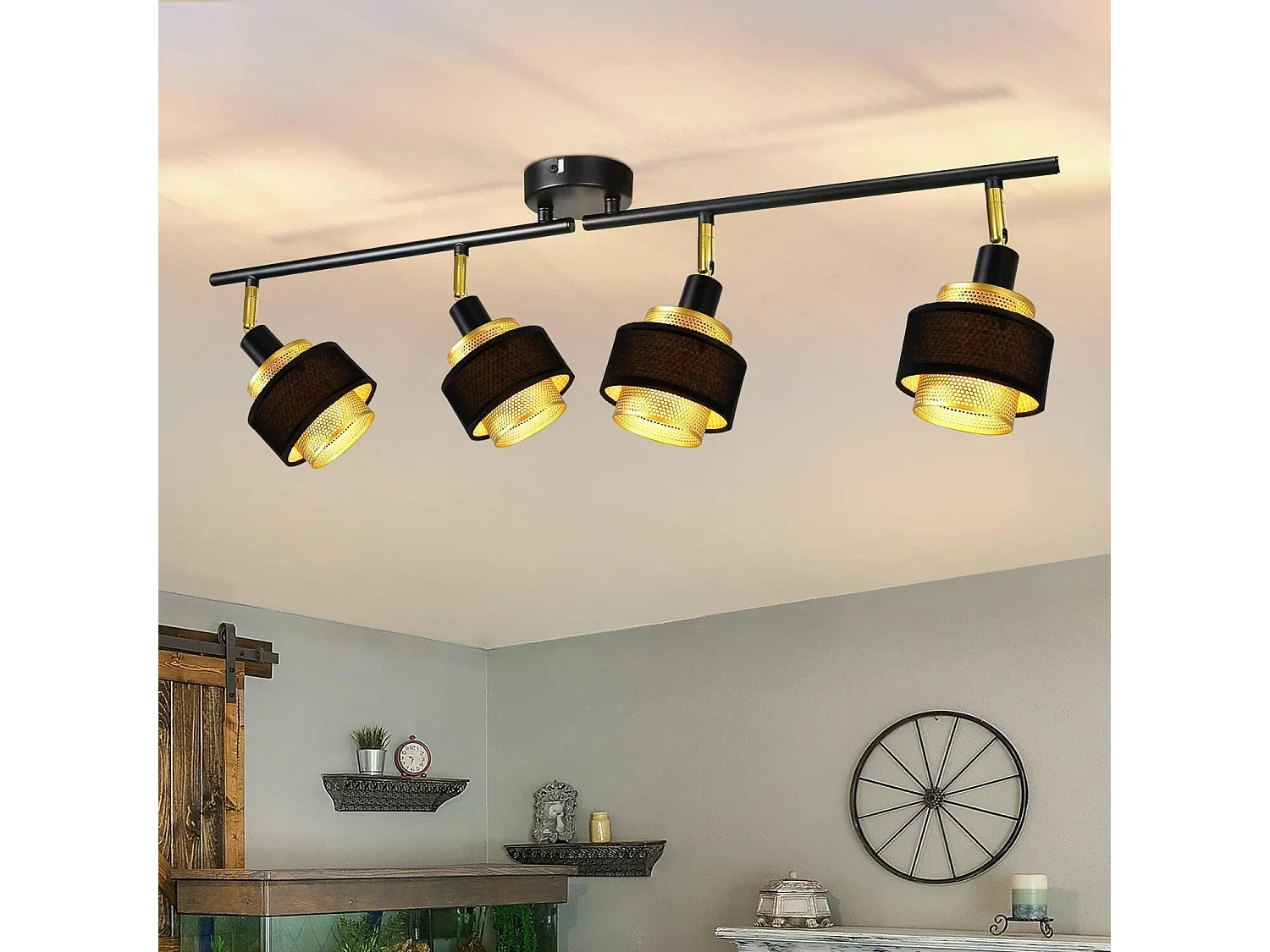 NETTLIFE 4-pack E14 zwarte vintage metalen plafondspots voor de woonkamer met verstelbare retro industriële gouden slaapkamerspot voor gang,