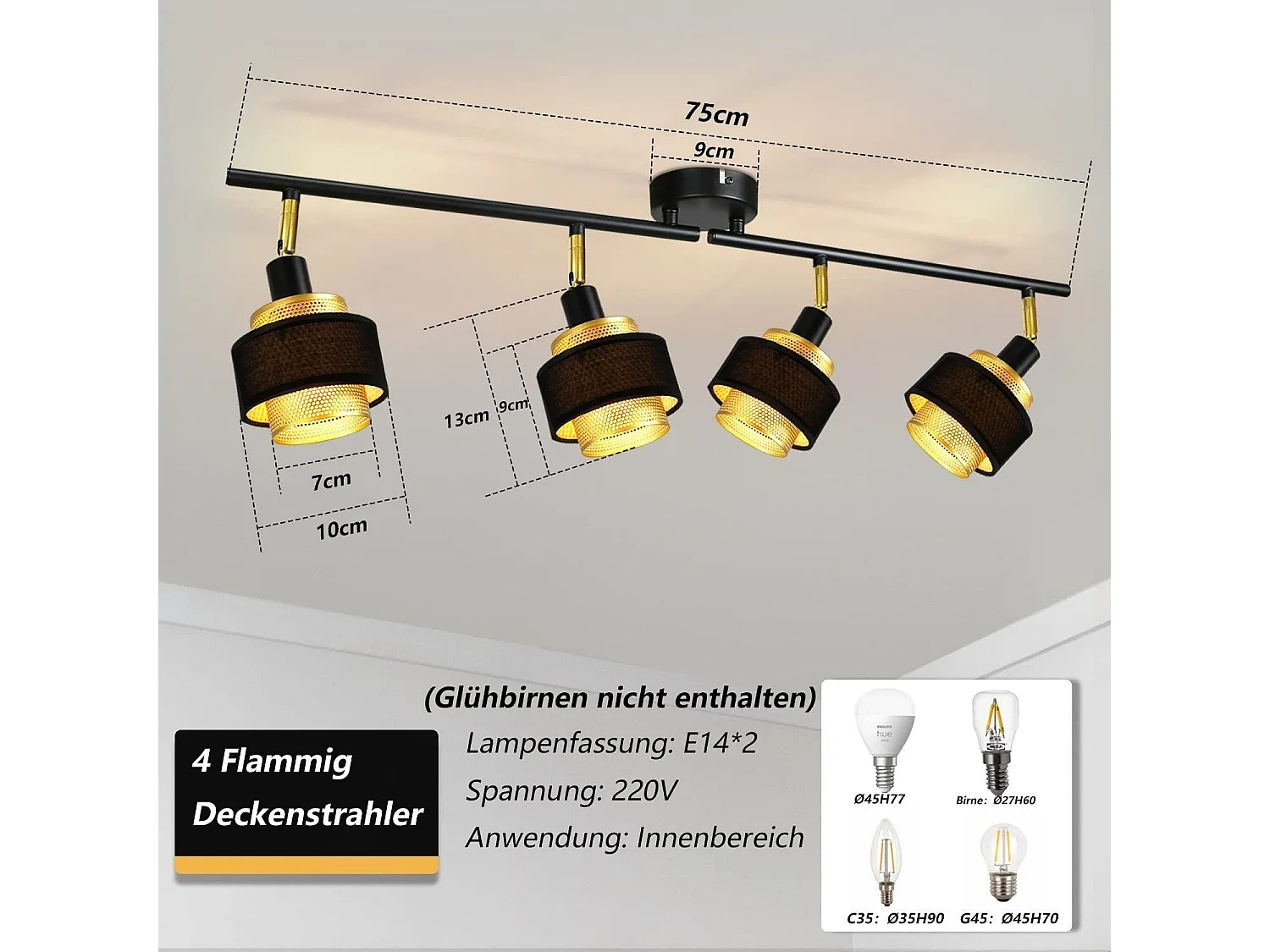 NETTLIFE 4-pack E14 zwarte vintage metalen plafondspots voor de woonkamer met verstelbare retro industriële gouden slaapkamerspot voor gang,
