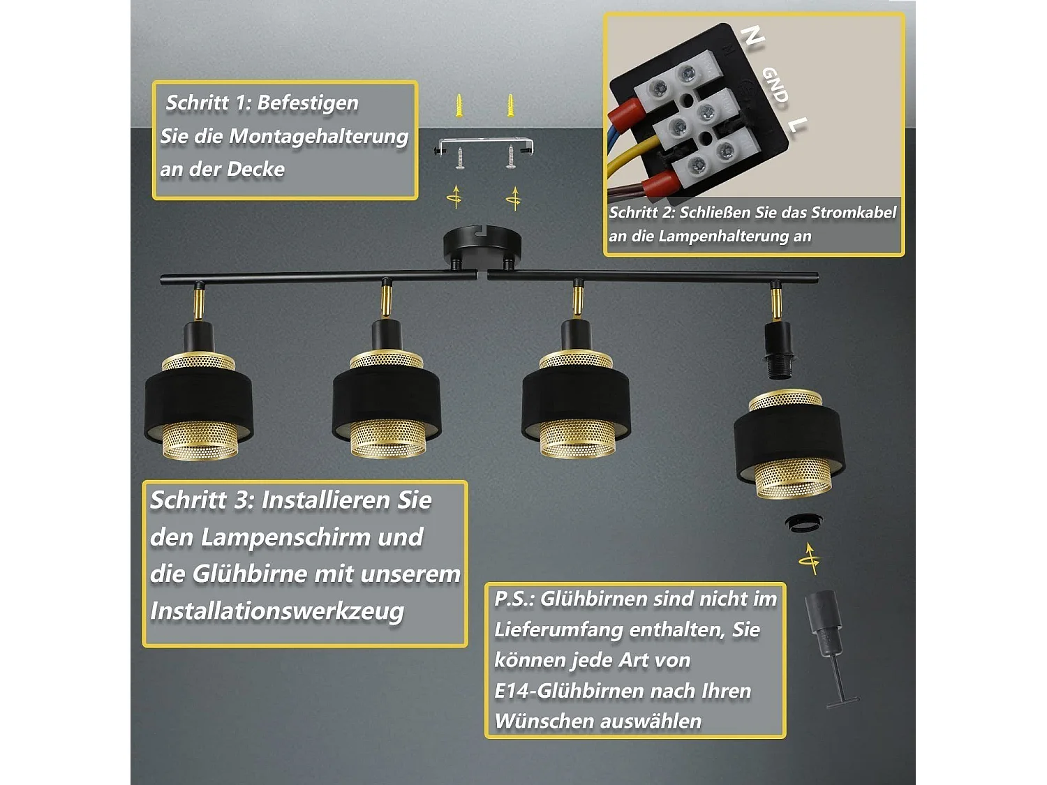 NETTLIFE 4-pack E14 zwarte vintage metalen plafondspots voor de woonkamer met verstelbare retro industriële gouden slaapkamerspot voor gang,