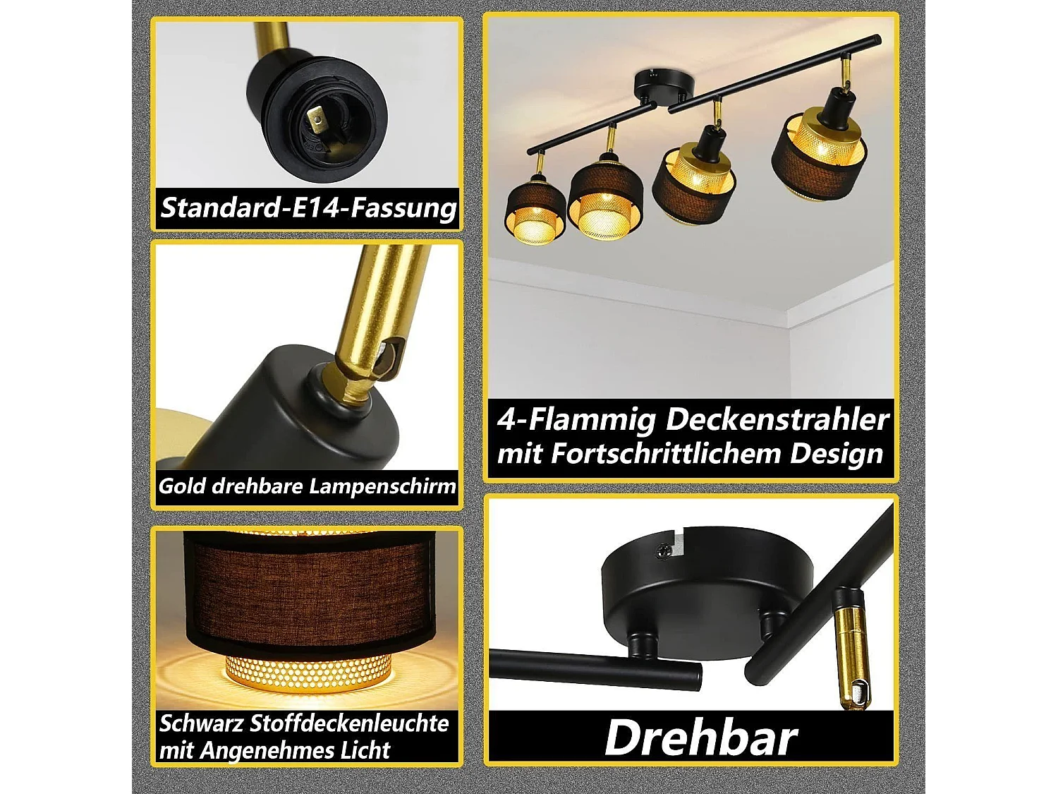 NETTLIFE 4-pack E14 zwarte vintage metalen plafondspots voor de woonkamer met verstelbare retro industriële gouden slaapkamerspot voor gang,