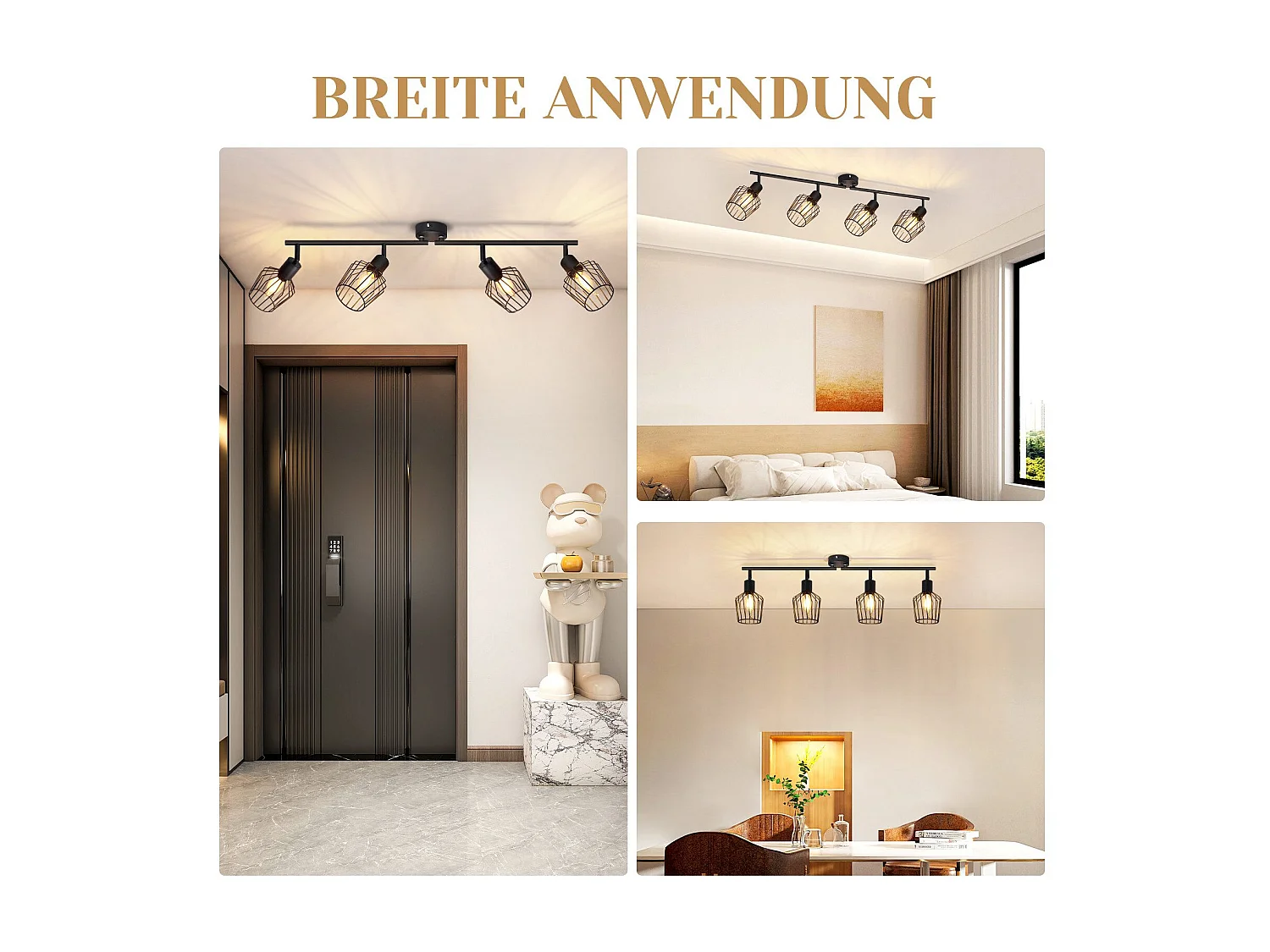 NETTLIFE 4 Spots de Plafond E14 -  métal, lampe de couloir industrielle pivotante à 350°, applique murale pour couloir et salon，noir