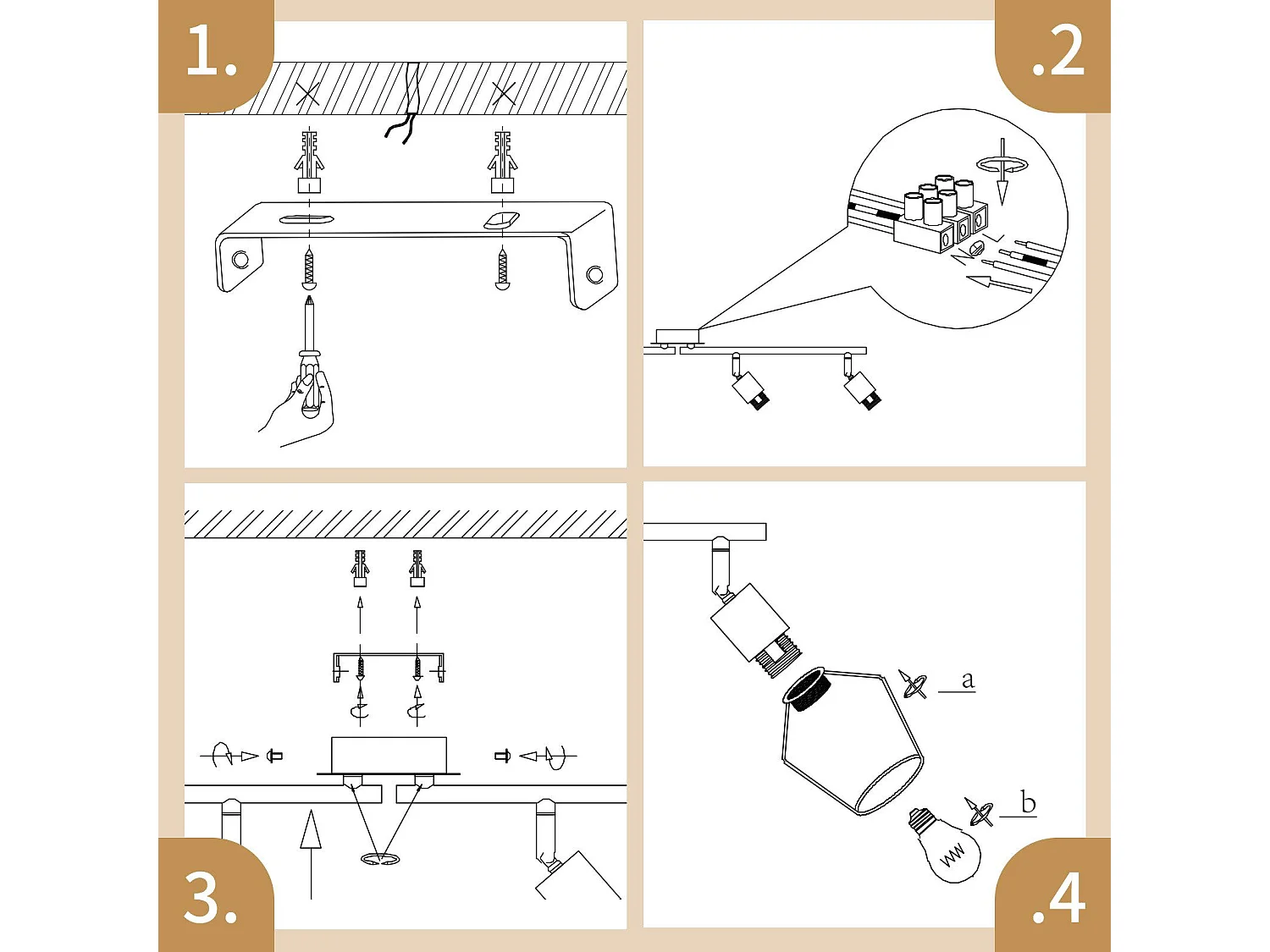 NETTLIFE 4 Spots de Plafond E14 -  métal, lampe de couloir industrielle pivotante à 350°, applique murale pour couloir et salon，noir