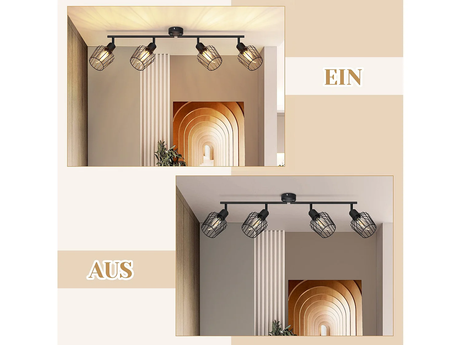 NETTLIFE 4 Spots de Plafond E14 -  métal, lampe de couloir industrielle pivotante à 350°, applique murale pour couloir et salon，noir