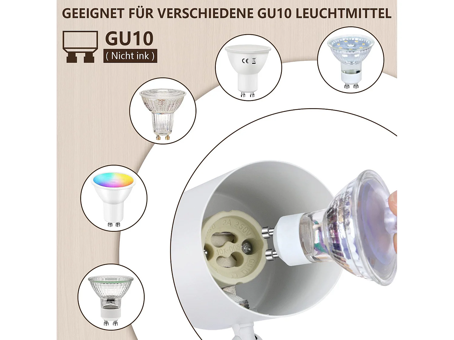 NETTLIFE Plafón LED de 1 llama - Plafón GU10 Blanco Foco giratorio Aplique de madera Foco de pared para salón dormitorio MAX.40W Sin bombilla