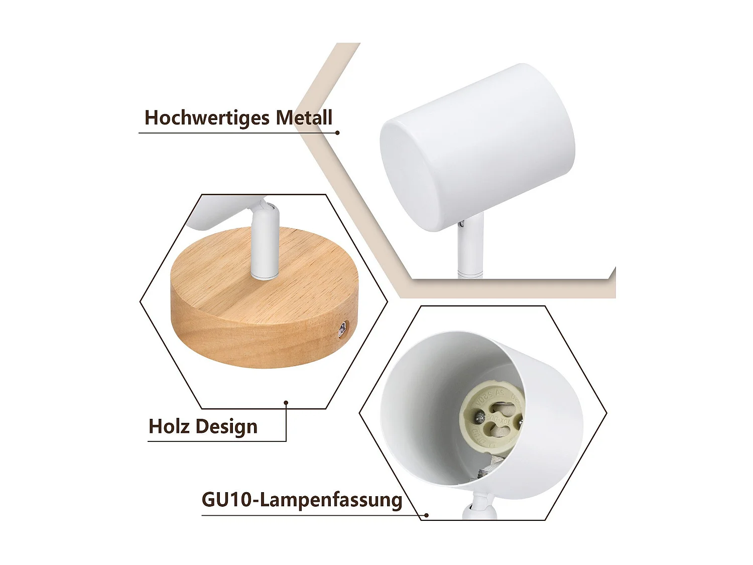 NETTLIFE Plafón LED de 1 llama - Plafón GU10 Blanco Foco giratorio Aplique de madera Foco de pared para salón dormitorio MAX.40W Sin bombilla