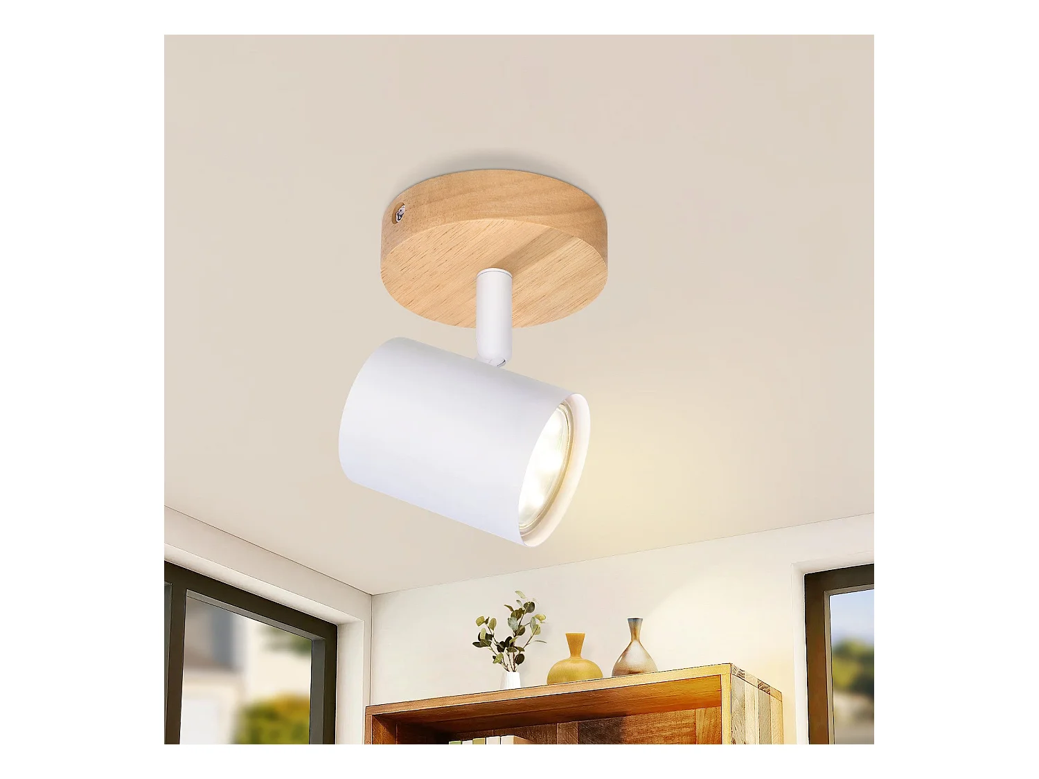 NETTLIFE Opbouwspot Hout wit rond 1-lichts GU10 Fitting draaibar Plafondspot Hoogwaardig   Max.40W Vintage Plafondlamp