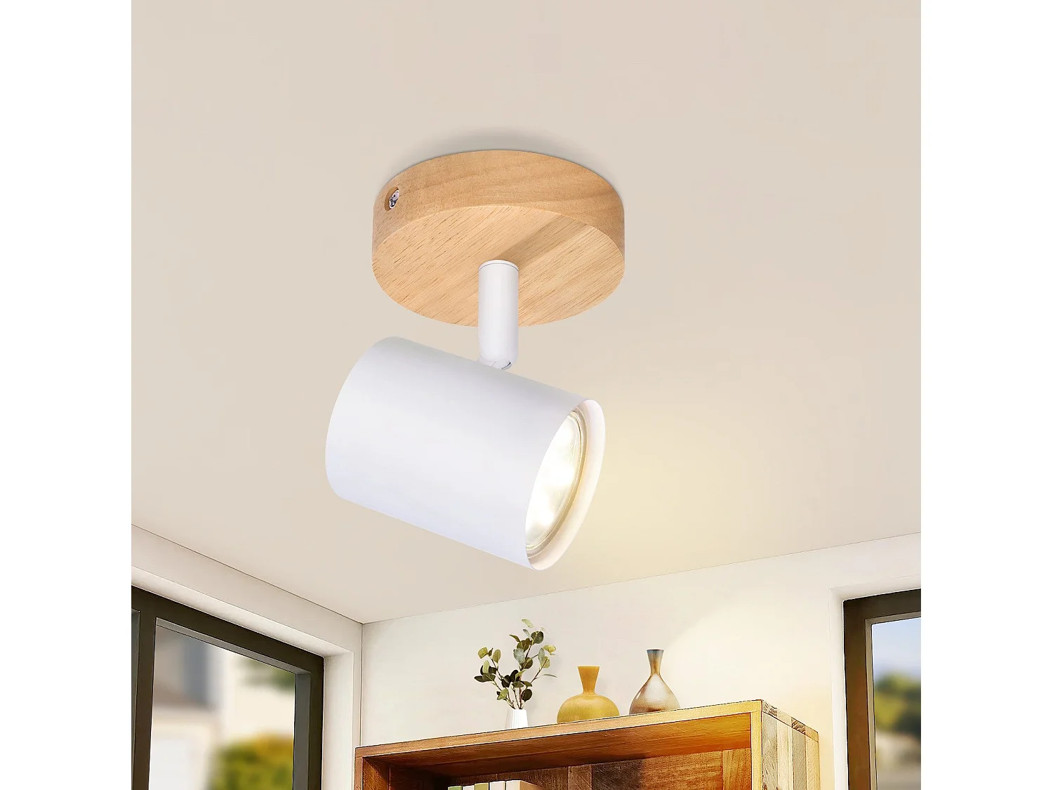 NETTLIFE 1-płomienna lampa sufitowa LED - Biała lampa sufitowa GU10 Obrotowy reflektor Drewniany kinkiet Reflektor ścienny do salonu sypialni Bez żarówki