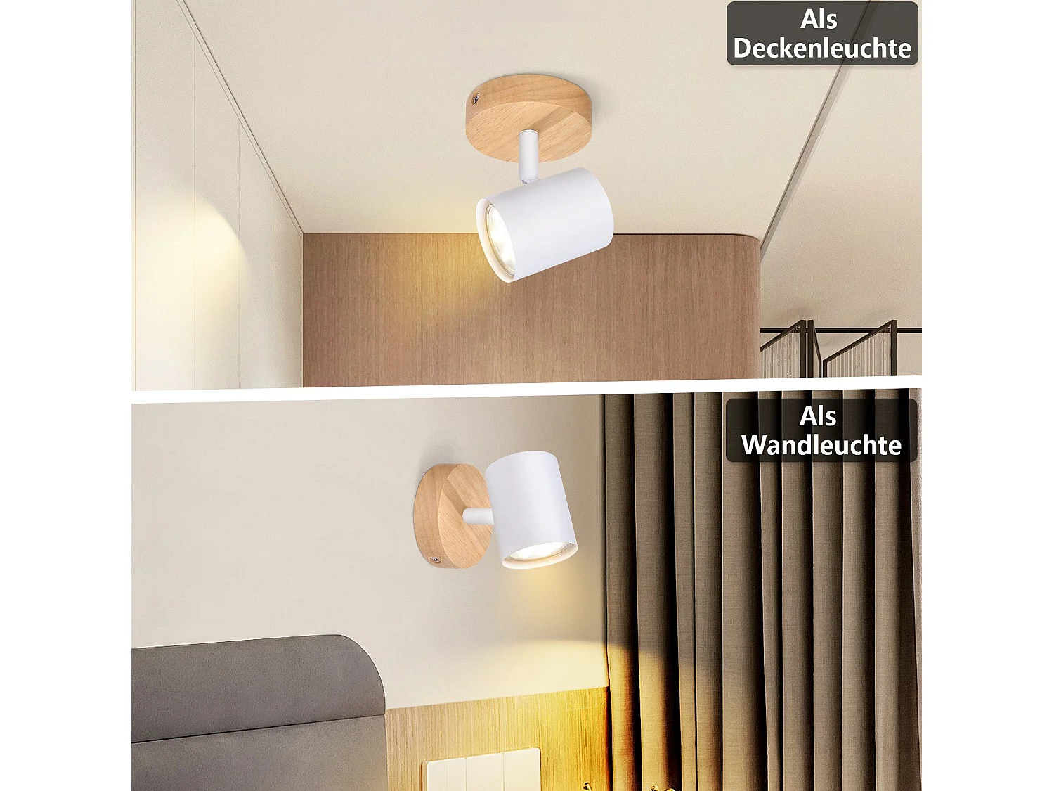 NETTLIFE 1-płomienna lampa sufitowa LED - Biała lampa sufitowa GU10 Obrotowy reflektor Drewniany kinkiet Reflektor ścienny do salonu sypialni Bez żarówki