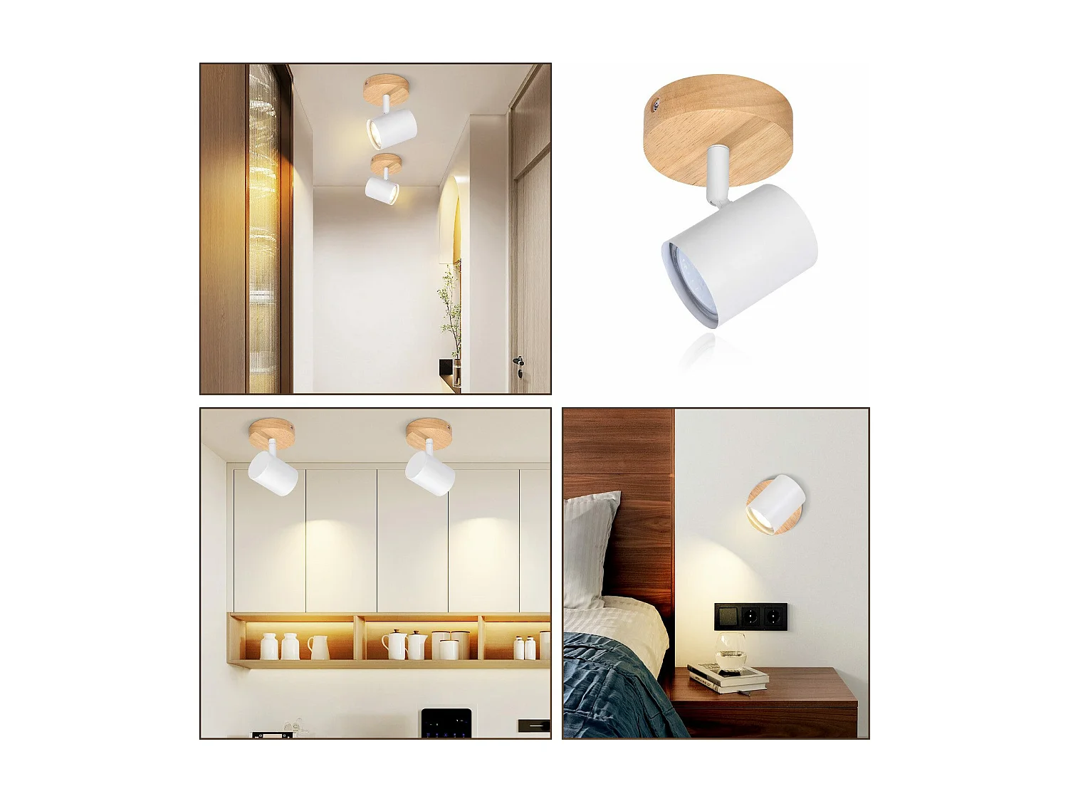 NETTLIFE 1-płomienna lampa sufitowa LED - Biała lampa sufitowa GU10 Obrotowy reflektor Drewniany kinkiet Reflektor ścienny do salonu sypialni Bez żarówki