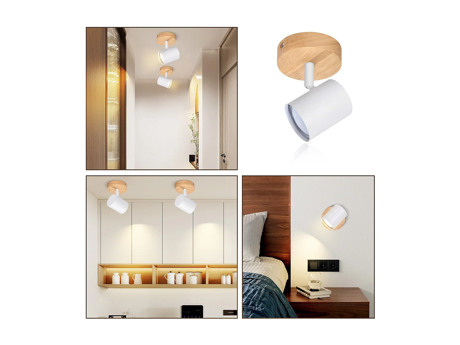 NETTLIFE Plafonnier LED 1 flamme - Blanc Plafonnier GU10 Spot pivotant Applique murale en bois Spot mural pour salon chambre  Sans ampoule