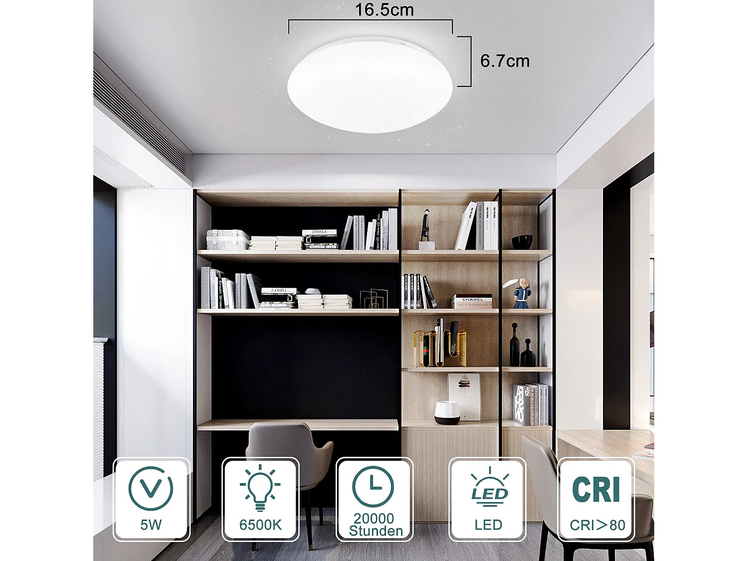 NETTLIFE 2 x LED Plafondlamp Keuken - Slaapkamer Ø 16,5 cm, 6500 K, Koel Wit, 5 W