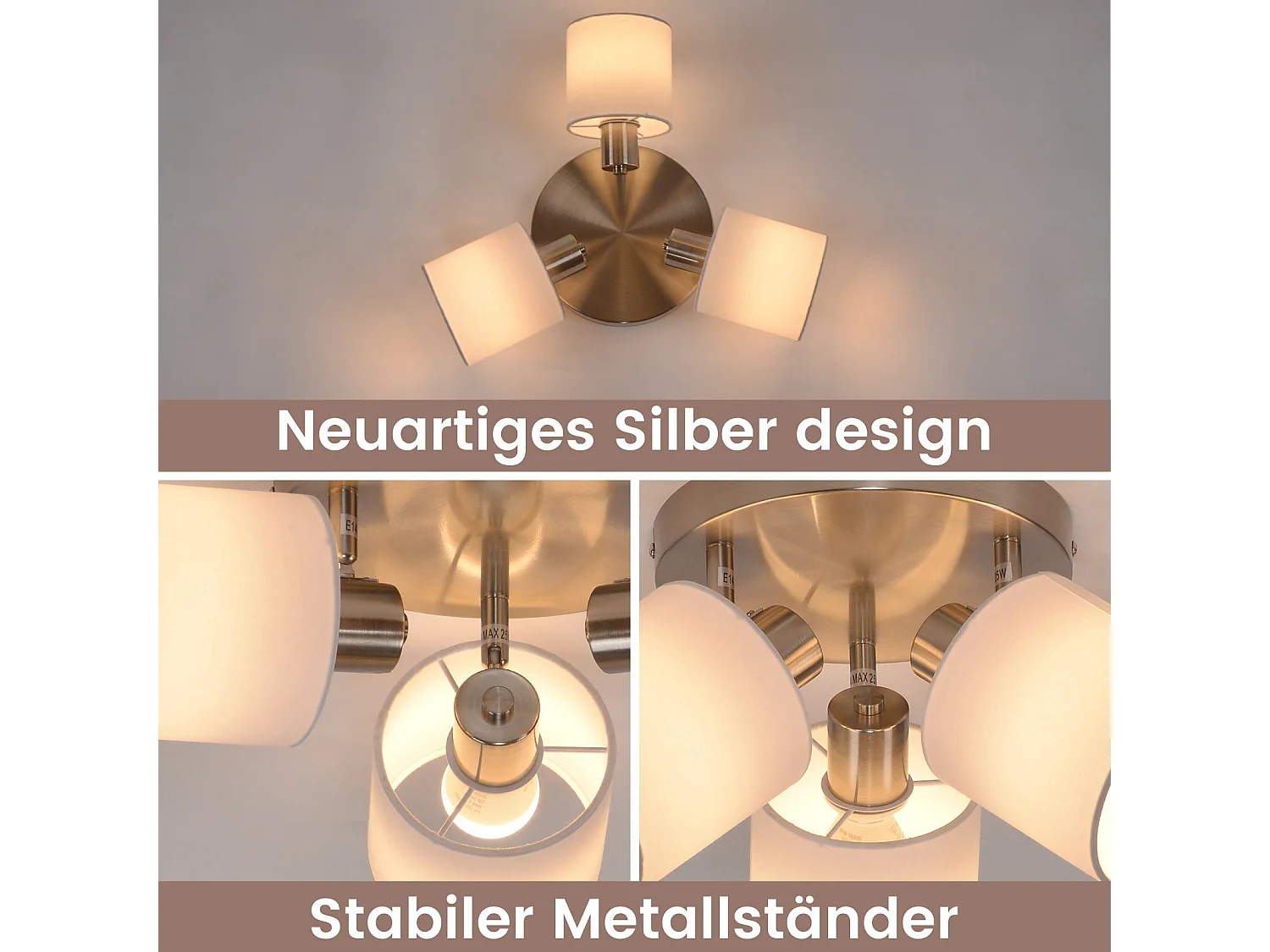 NETTLIFE 3 Spots de plafond couloir - mural moderne argenté orientable à 350°E14 MAX.25W lampe pour salon chambre cuisine (sans ampoule)