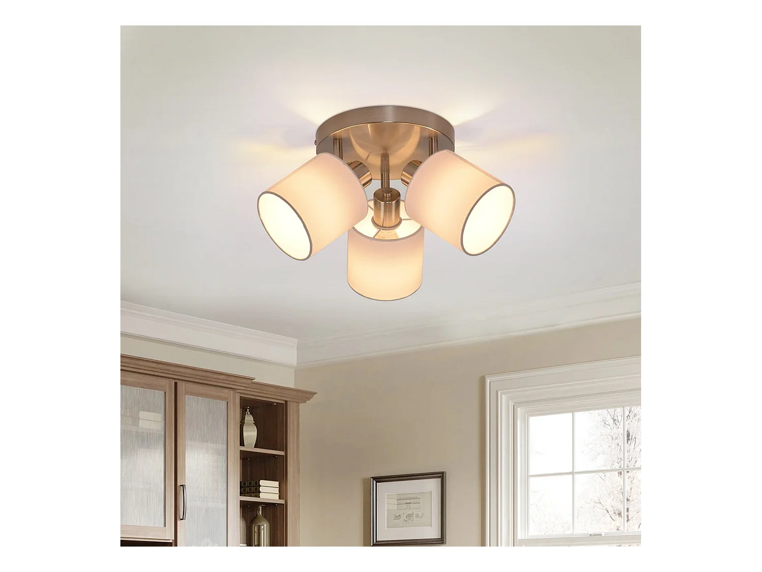 NETTLIFE Opbouwspot 3-lichts nikkel rond E14 Fitting met Stof Lampkap 350° draaibar Plafondspot Vintage Keukenlamp Max. 25W