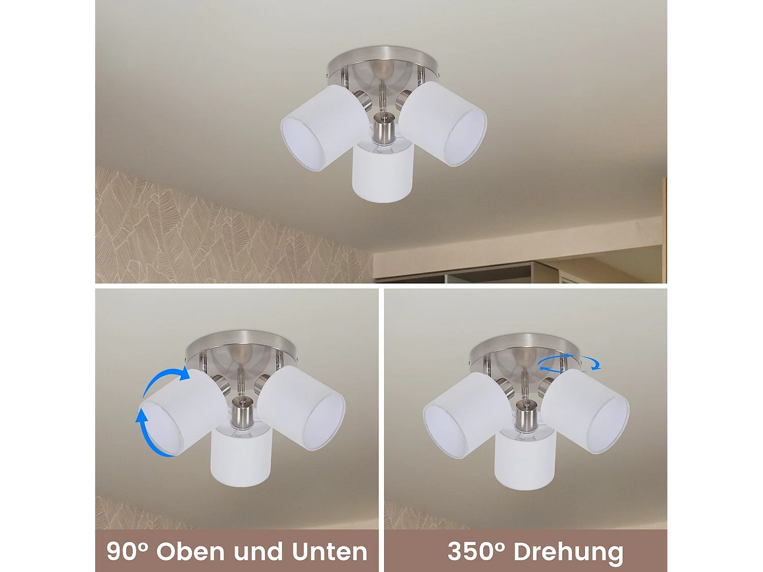 NETTLIFE 3 Spots de plafond couloir - mural moderne argenté orientable à 350°E14 MAX.25W lampe pour salon chambre cuisine (sans ampoule)